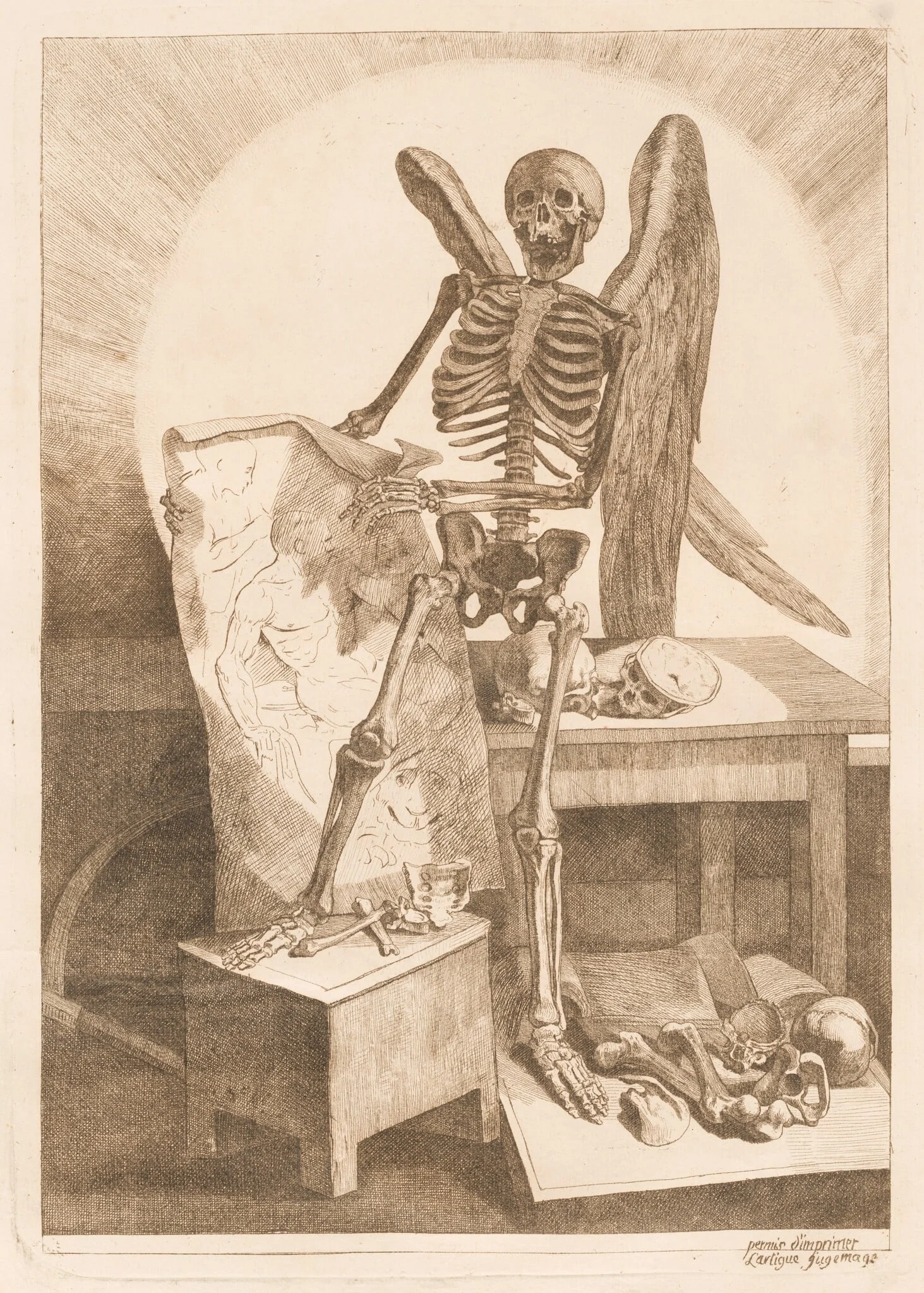 A Winged Skeleton Holding an Anatomical Drawing, by Jacques Gamelin, ink, 1779