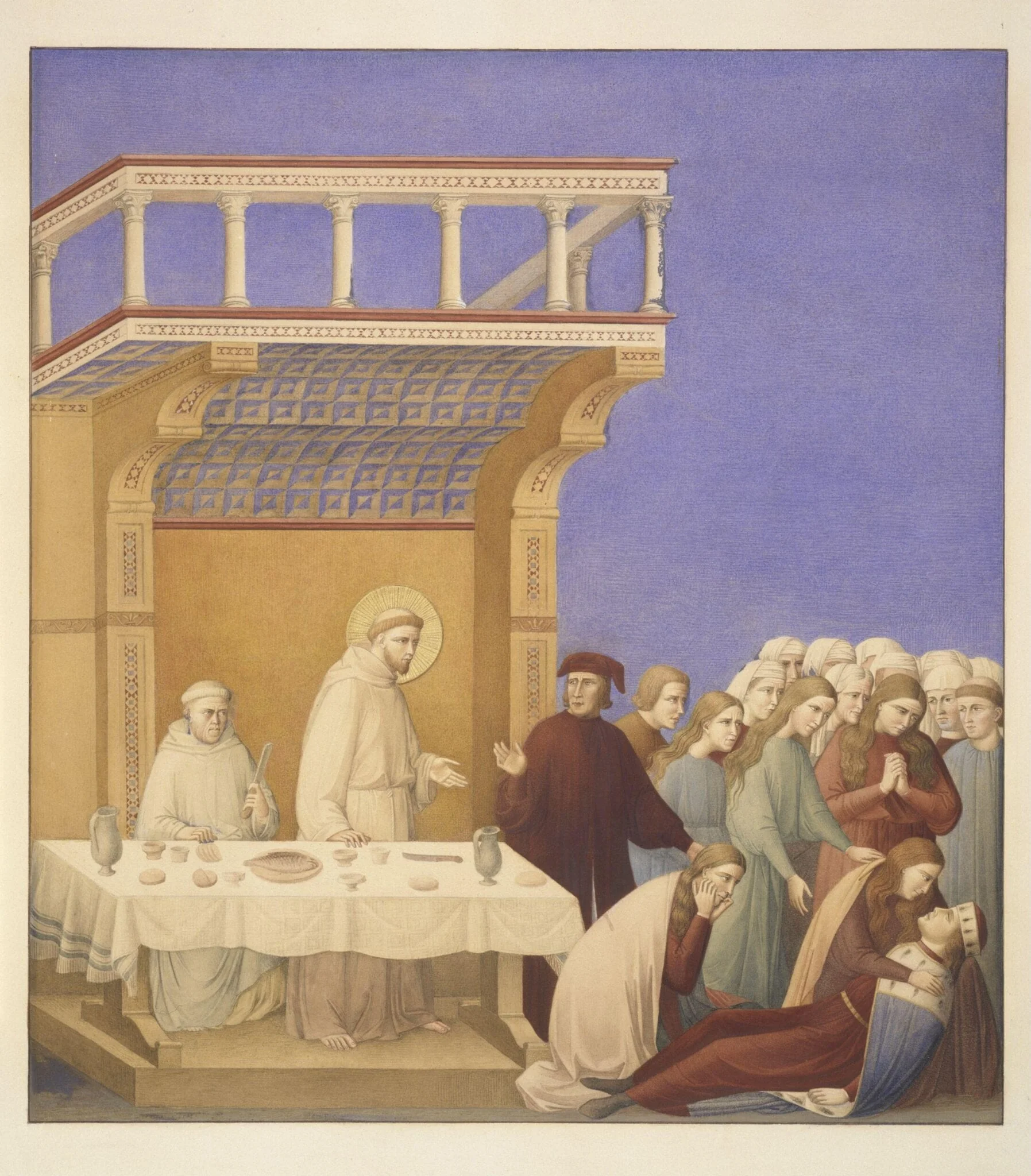 Copy after the painting Death of the Knight of  Celano by the Master of the St Francis cycle in the  Upper Church, San Francesco, Assisi, by Unknown, watercolor, 1862