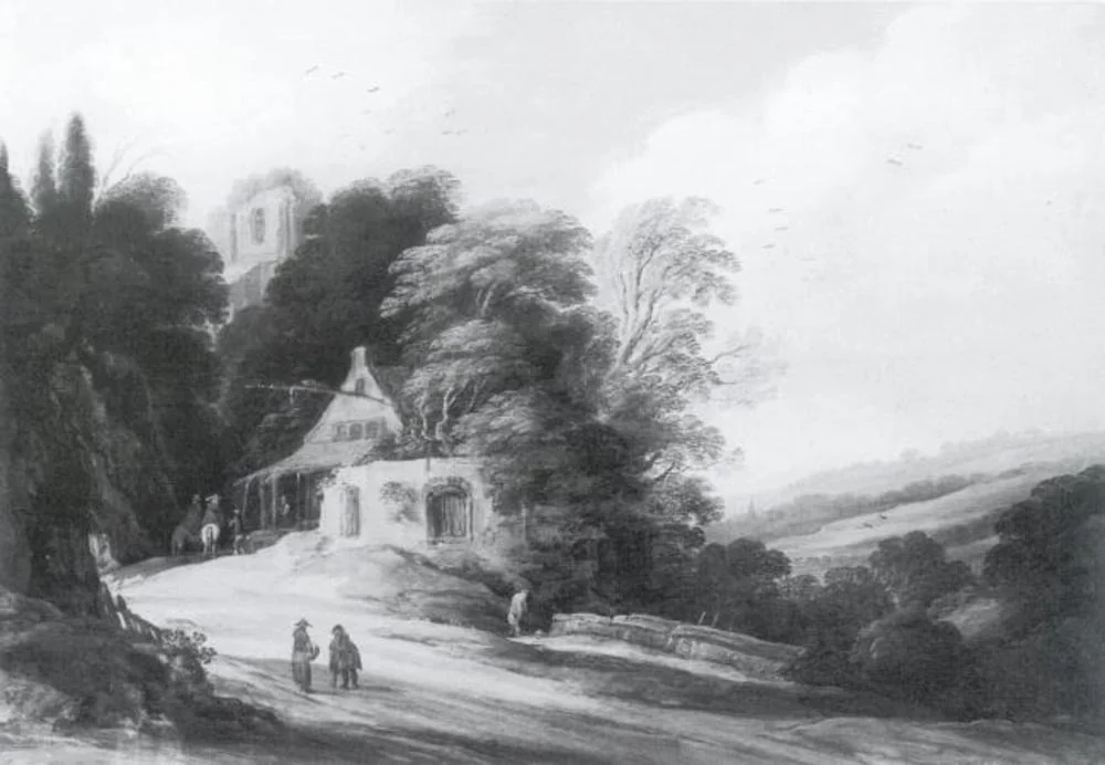 Wooded landscape with travellers outside a ruined inn, 1625