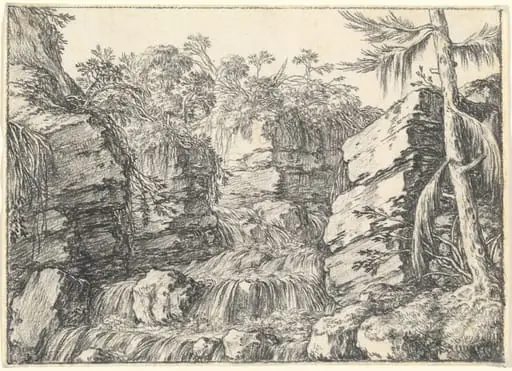 A Waterfall between Rocky Cliffs