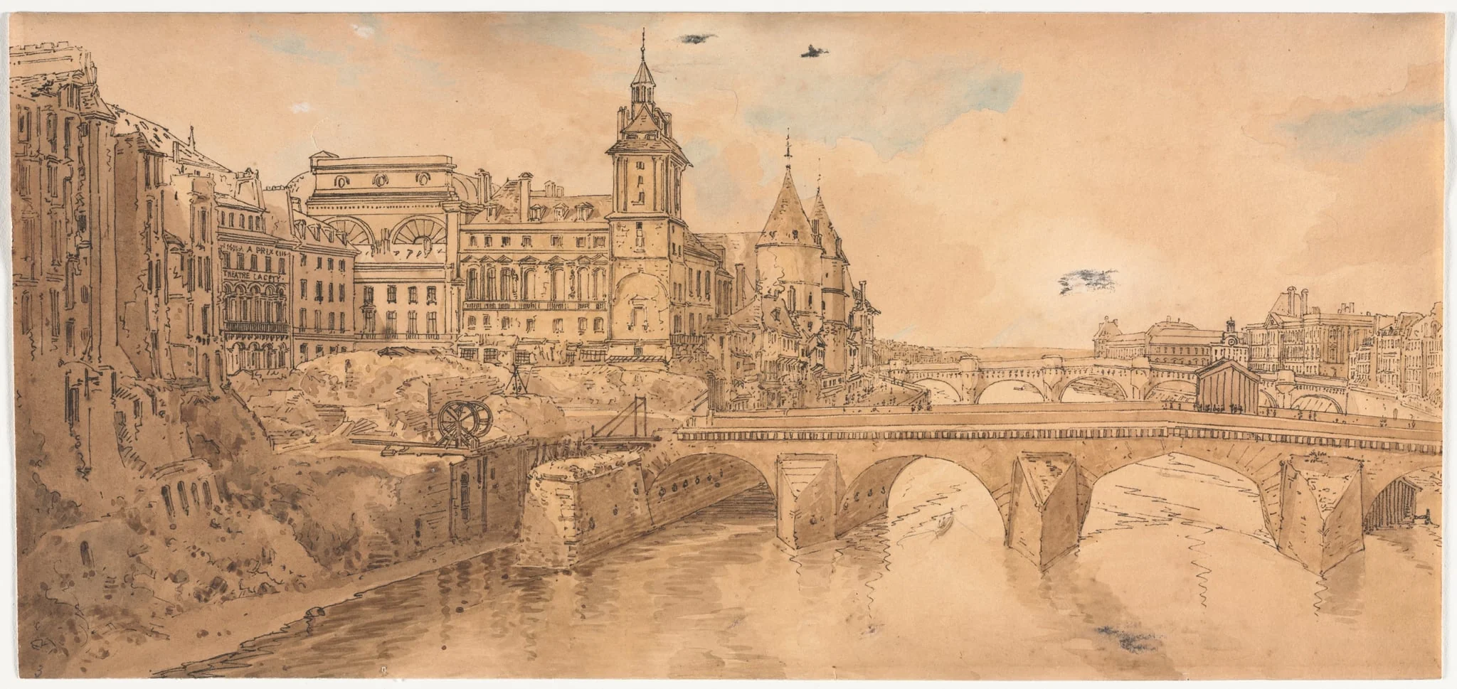 A Selection of Twenty of the Most Picturesque Views in Paris:  View of Pont au Change, the City Theatre, Pont Neuf, Conciergerie Prison, and taken from Pont Notre Dame, by Girtin, 1802