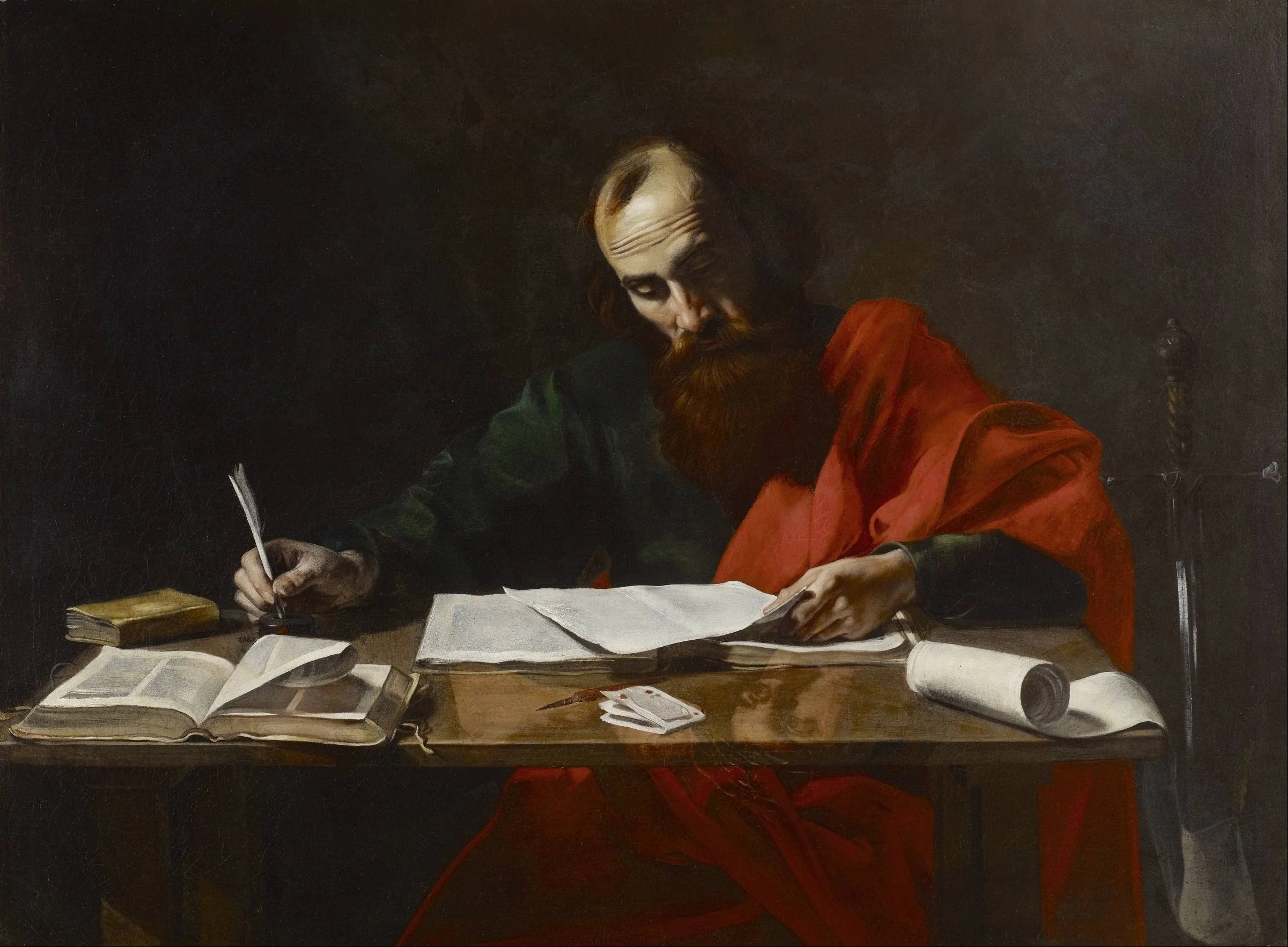 Saint Paul Writing His Epistles, by Valentin de Boulogne, oil, 1619