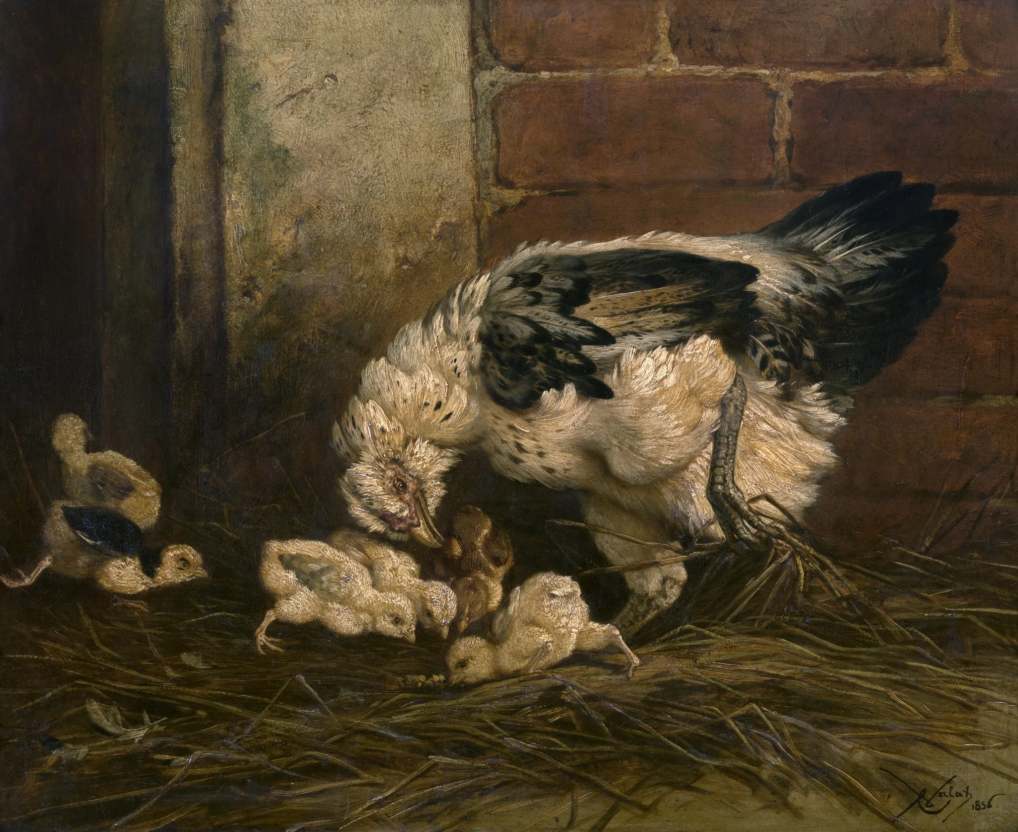 Hen with Chicken, by Charles Verlat, oil, 1856