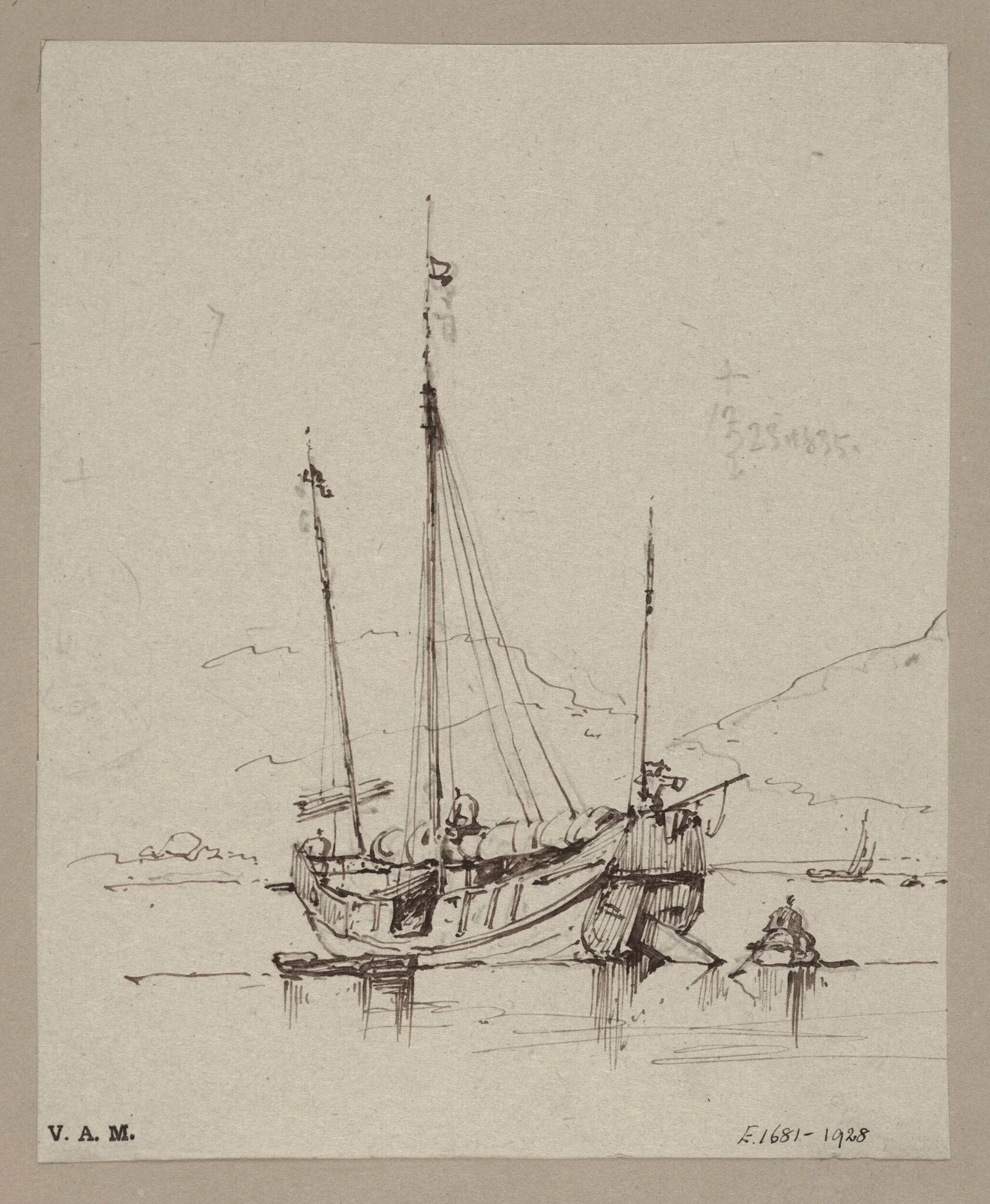 A Chinese junk with sail furled, by George Chinnery, 16