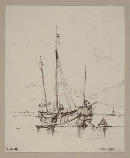 A Chinese junk with sail furled