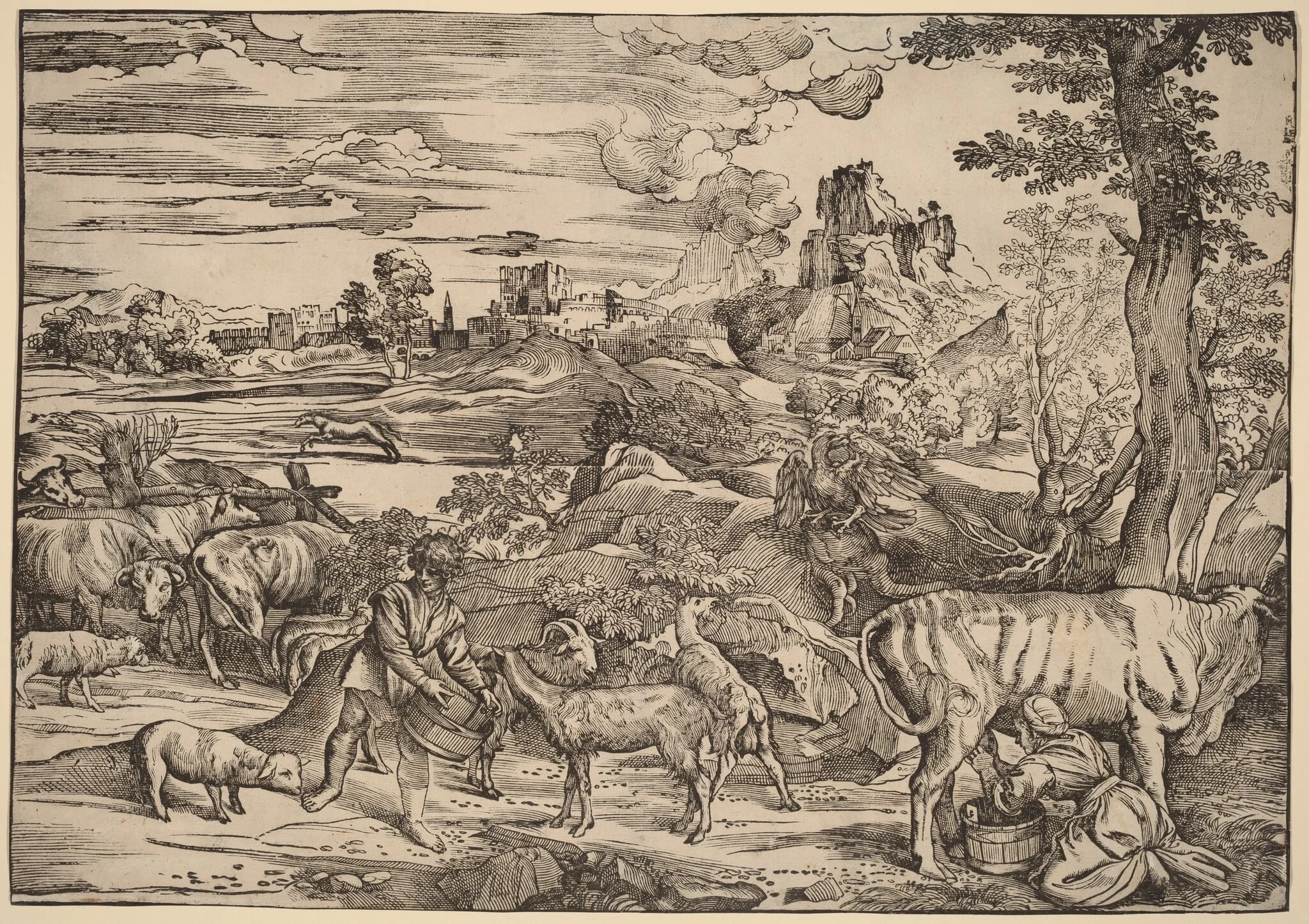 Landscape with a Milkmaid, by Nicolò Boldrini, ink, 1534