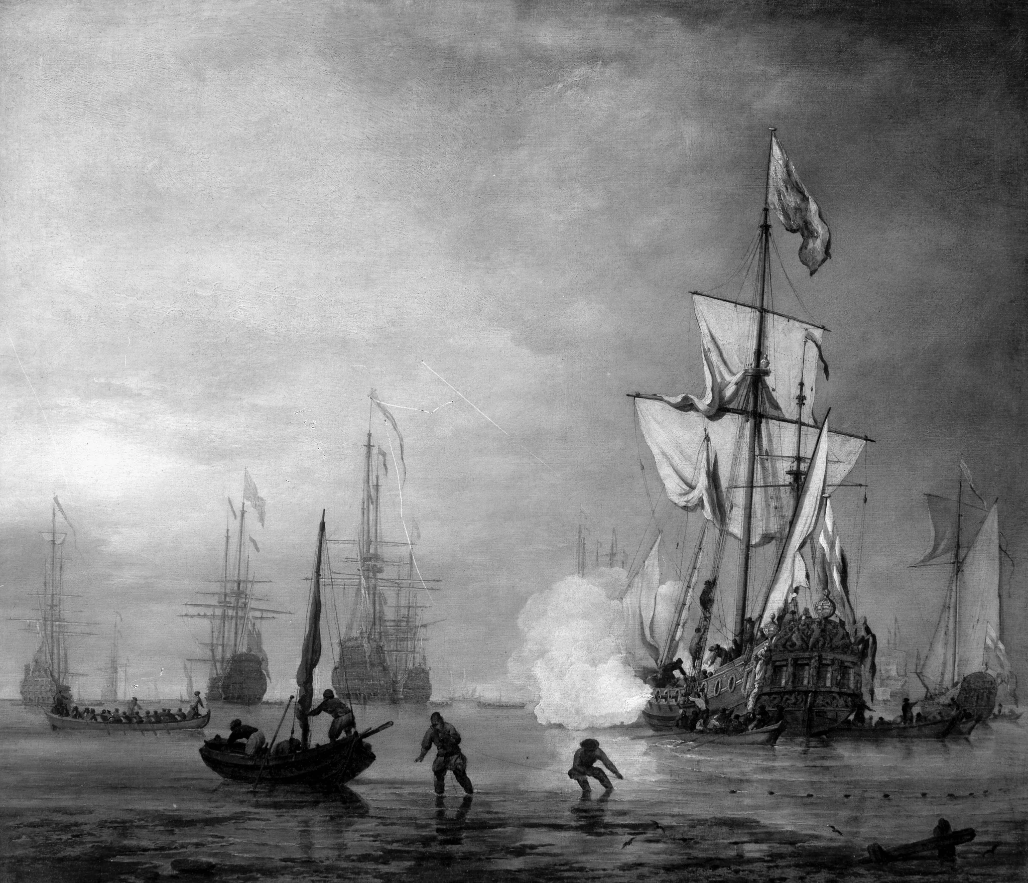 The gun salute from a sailing frigate, by Willem van de Velde the Younger, paint, 1650