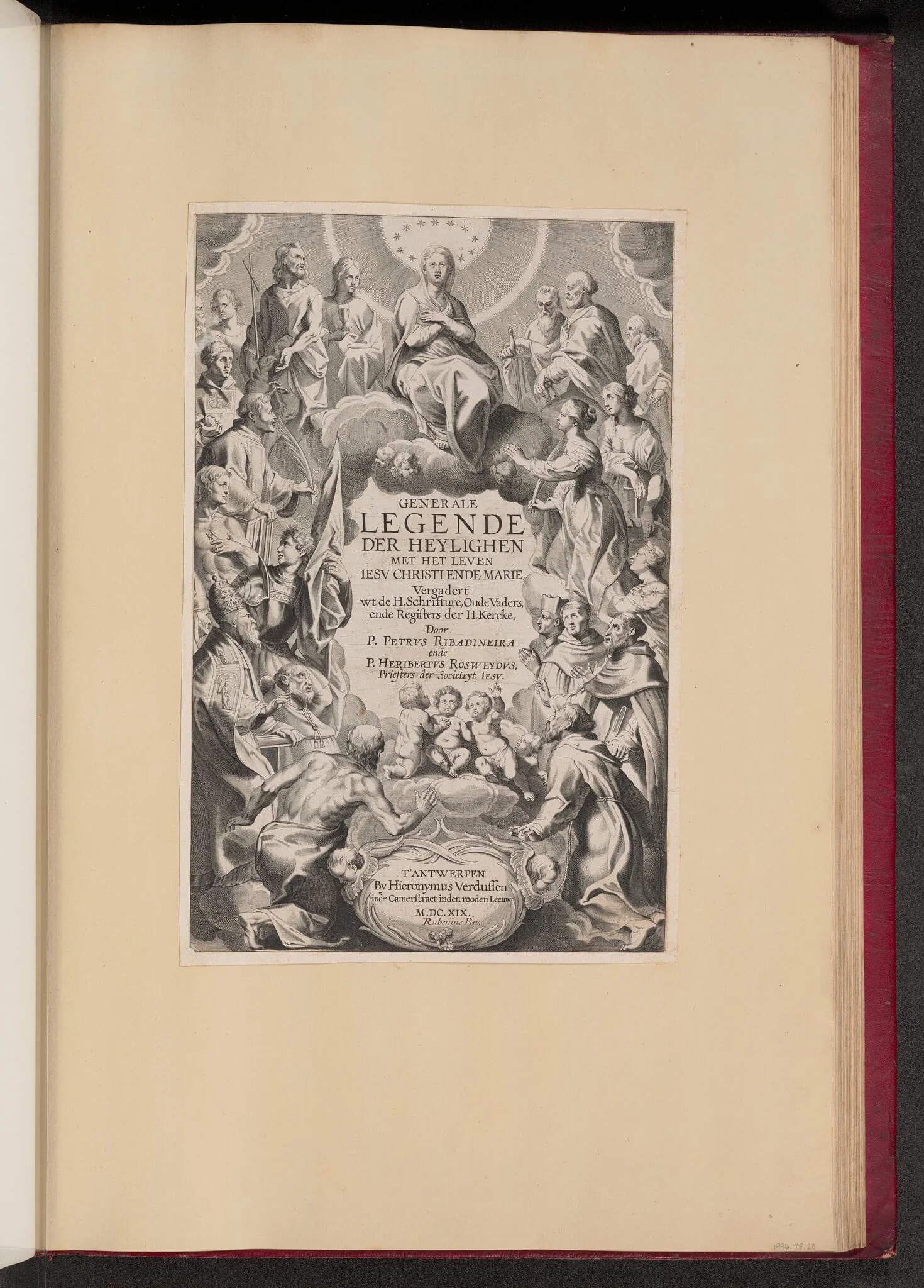 Title Page for Pedro de Ribadineira and Heribert Rosweyde, Generale Legende der Heylighen, by Jan III Collaert, ink, 1619