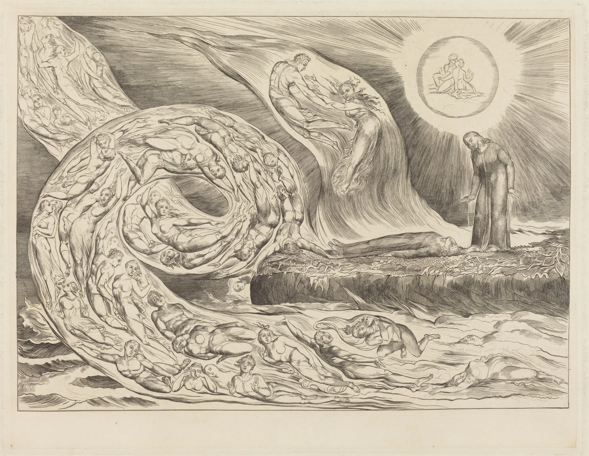 The Circle of the Lustful: Paolo and Francesca, by William Blake, ink, 1827
