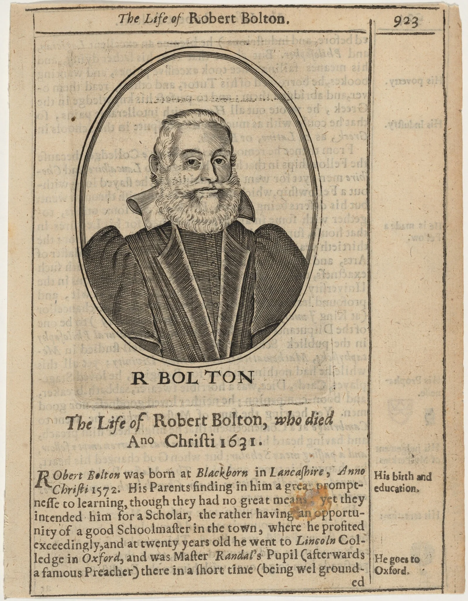Rev. Robert Bolton, by John Payne, ink, 1627