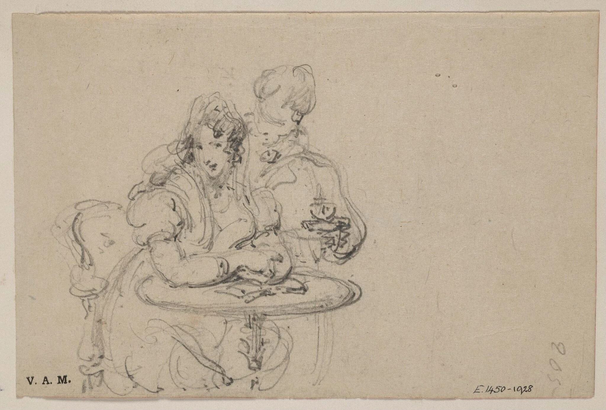 A Western couple at a table; on the back, a young Western woman drawing flowers, by George Chinnery, 9