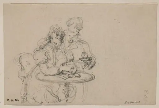 A Western couple at a table; on the back, a young Western woman drawing flowers