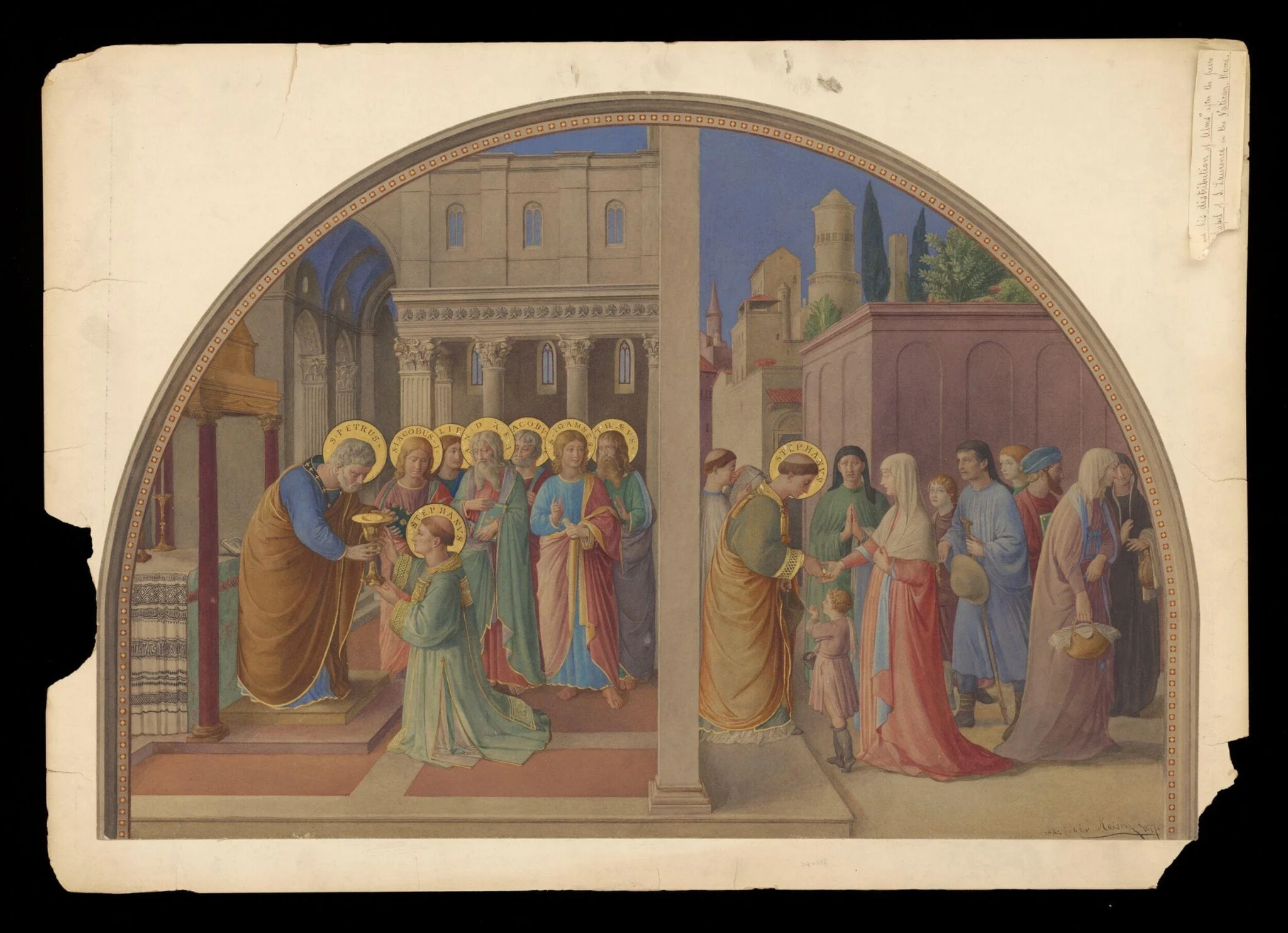 Watercolour, copy after The Ordination of St Stephen and St Stephen Distributing Alms, Fra Angelico in the Niccoline Chapel (Vatican, Rome), by Fra Angelico, watercolor, 1877