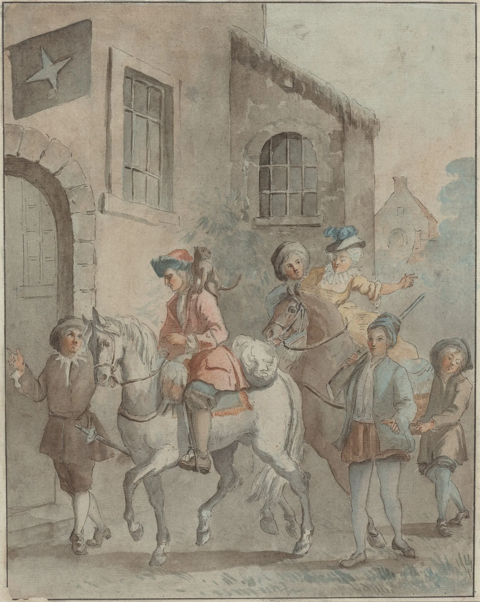 Arrival at an Inn, by French 18th Century, ink, 1701