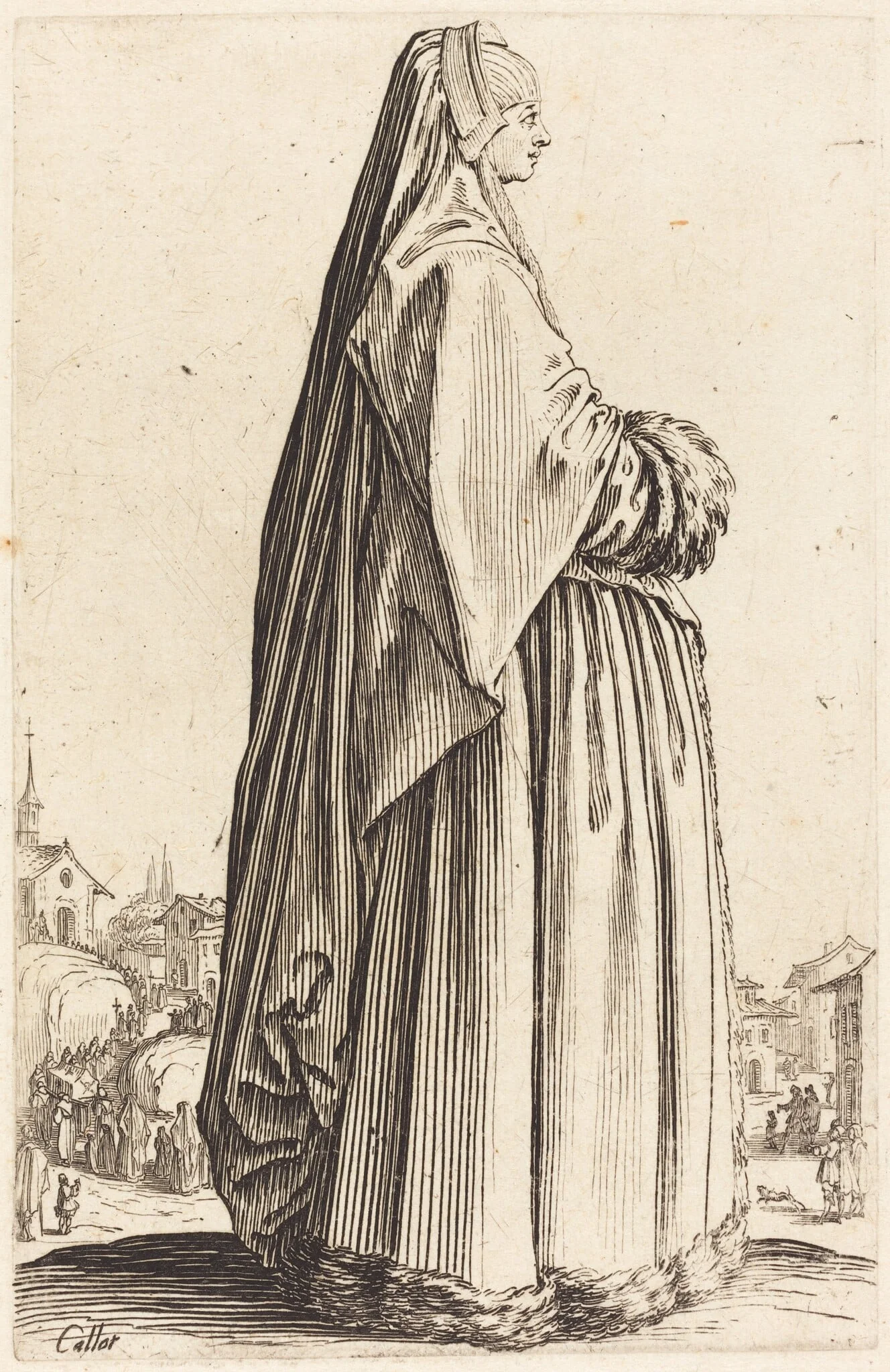 Noble Woman Wearing a Veil and a Dress Trimmed in Fur, by Jacques Callot, ink, 1622