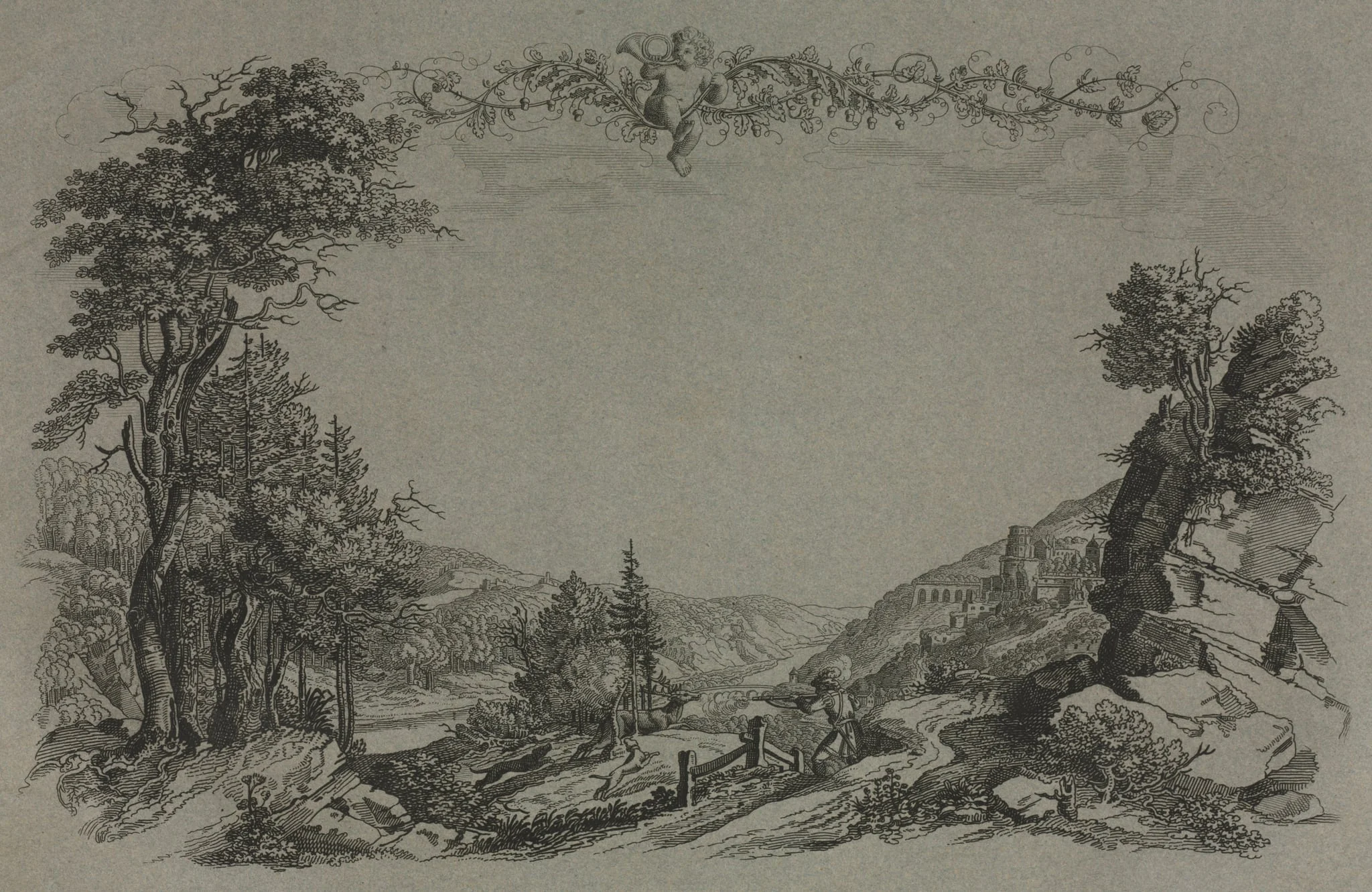 Six Views of Heidelberg Castle: Cover, Hunting Scene, by Ernst Fries, 1820