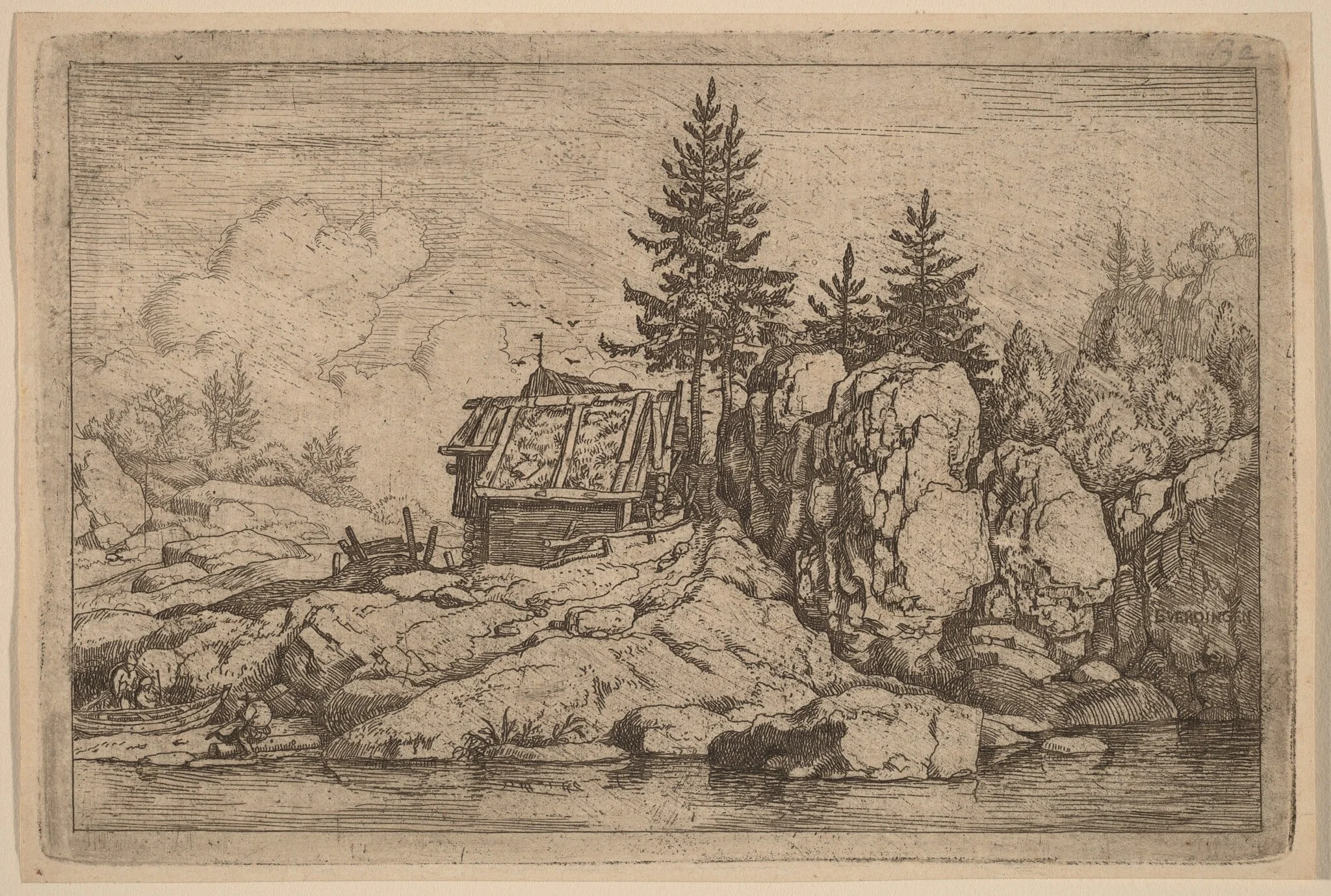 Two Fir Trees near Cottages, by Allart van Everdingen, ink, 1650