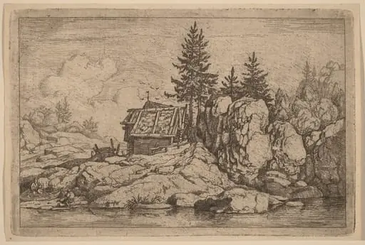 Two Fir Trees near Cottages