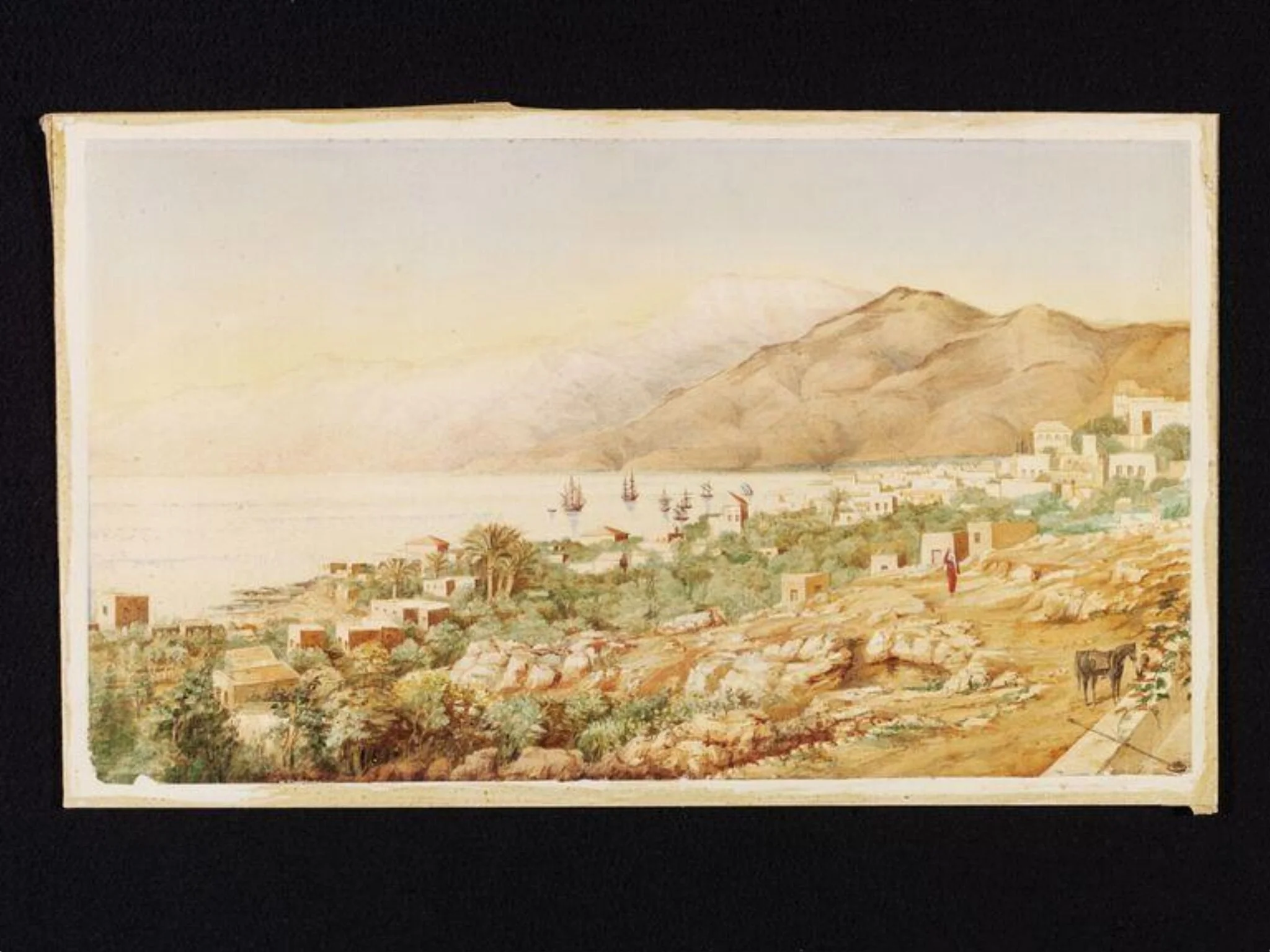 The Town and Bay of Beirut, by Unknown, watercolor, 1850