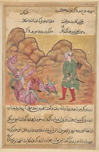 The son of the pious man slays the dragon, from a Tuti-nama (Tales of a Parrot): Fifty-second Night