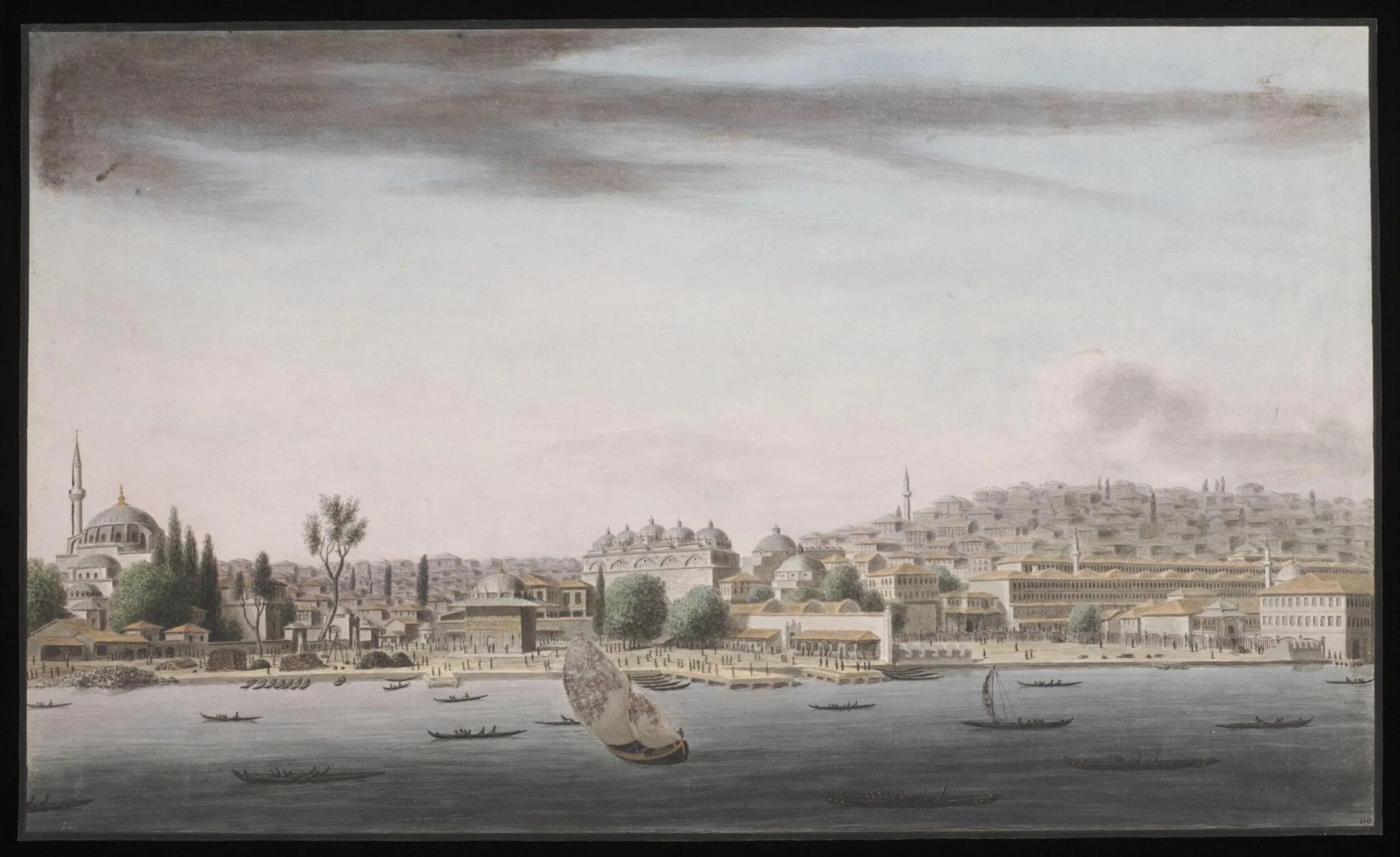 Panoramic view of the buildings on the shore at Tophane, by Anonymous Greek artist, watercolor, 1809