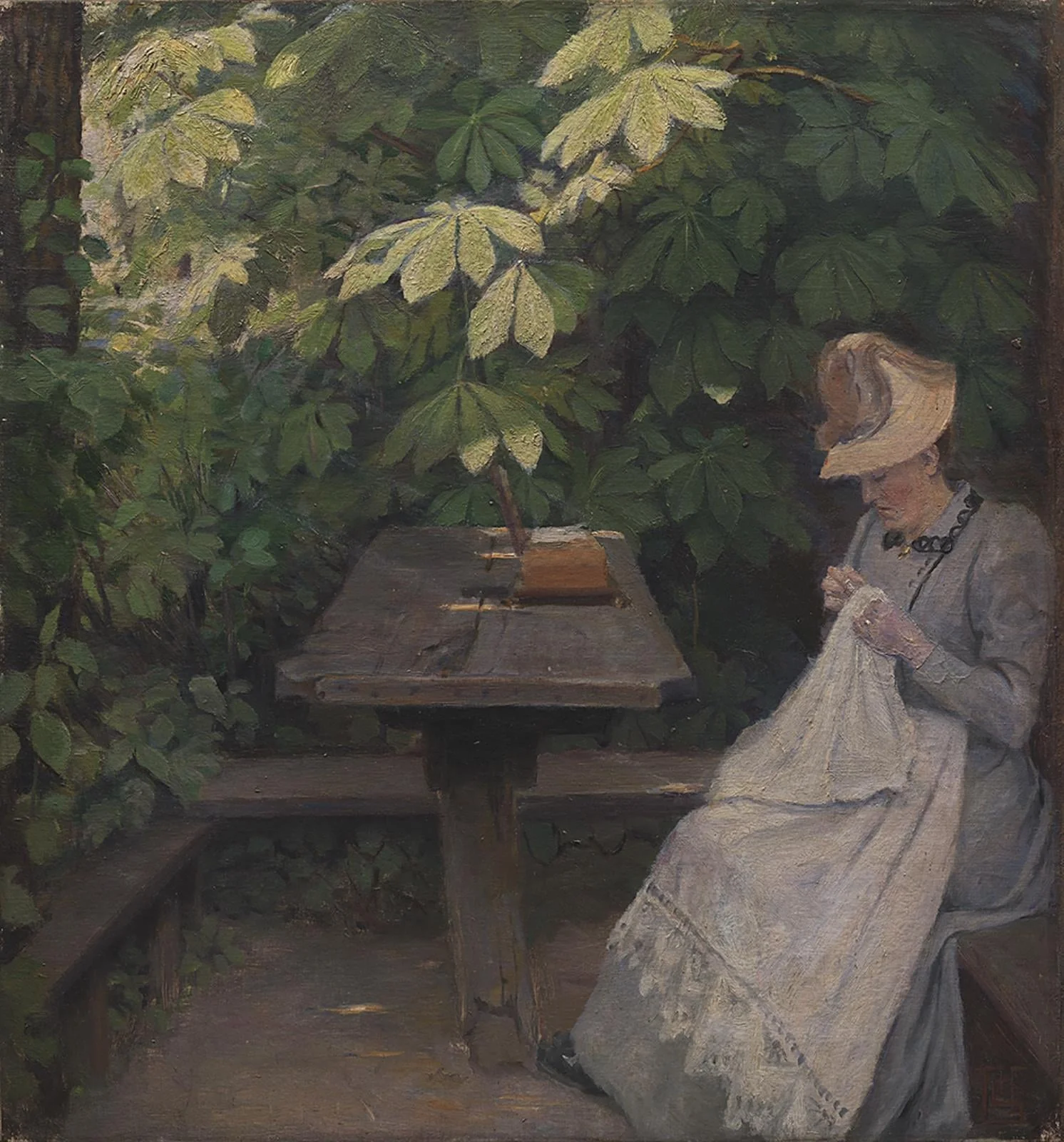 En sommerklædt dame i et lysthus, by Unknown, 1891