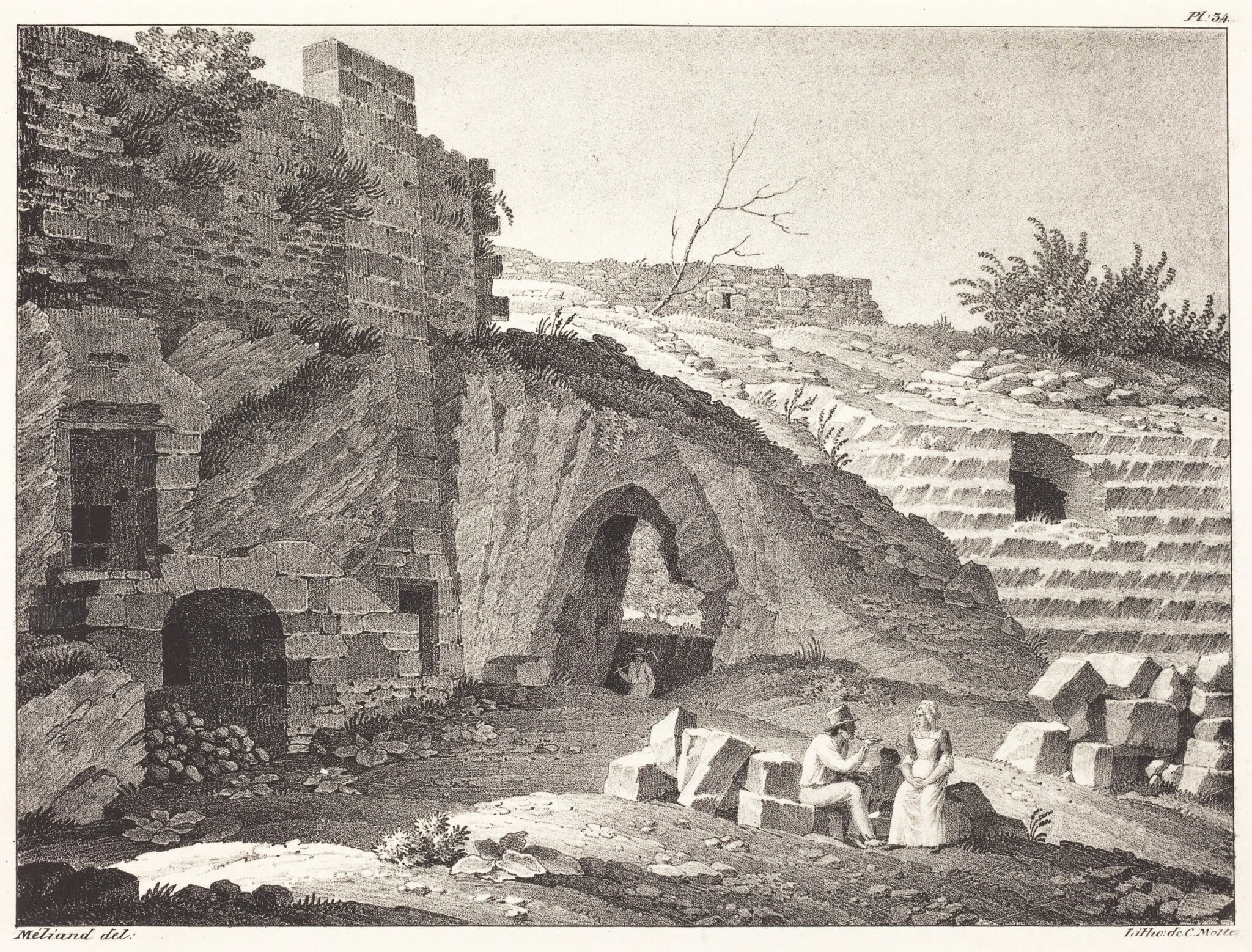 Rustics Picnicking in Ruins, by Jean René Méliand, ink, 1806