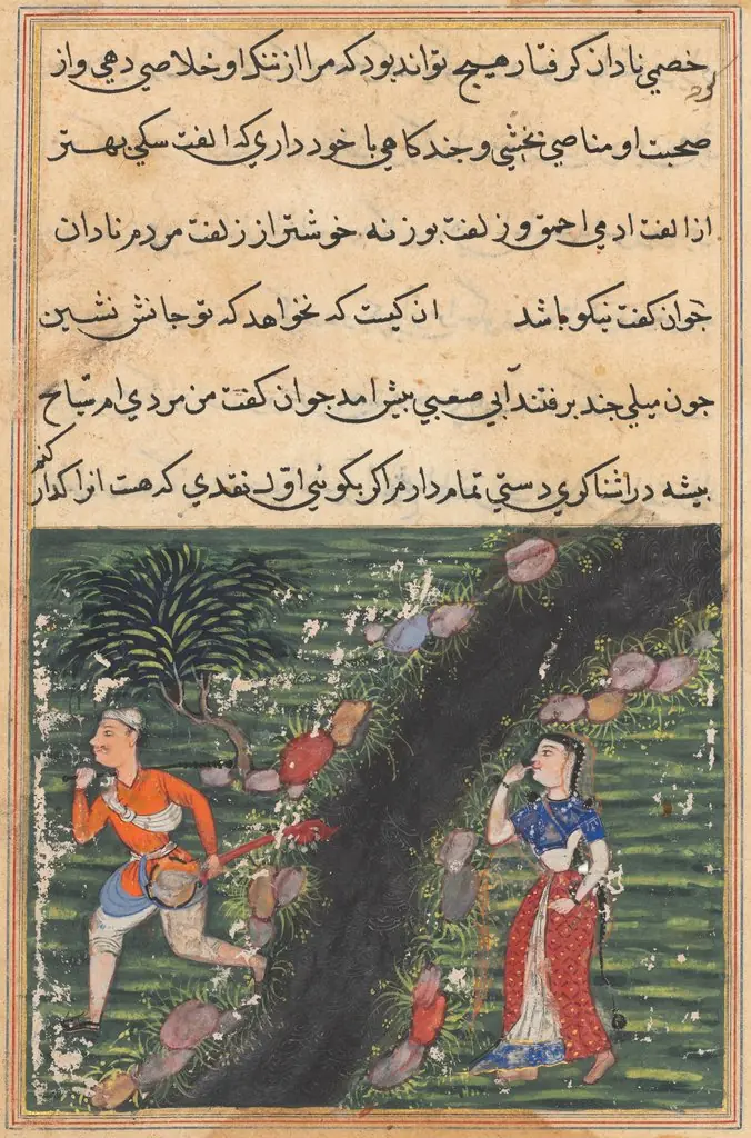 The vagabond crosses a stream with the possessions of the daughter-in-law of the king of Banaras and absconds, from a Tuti-nama (Tales of a Parrot): Sixteenth Night