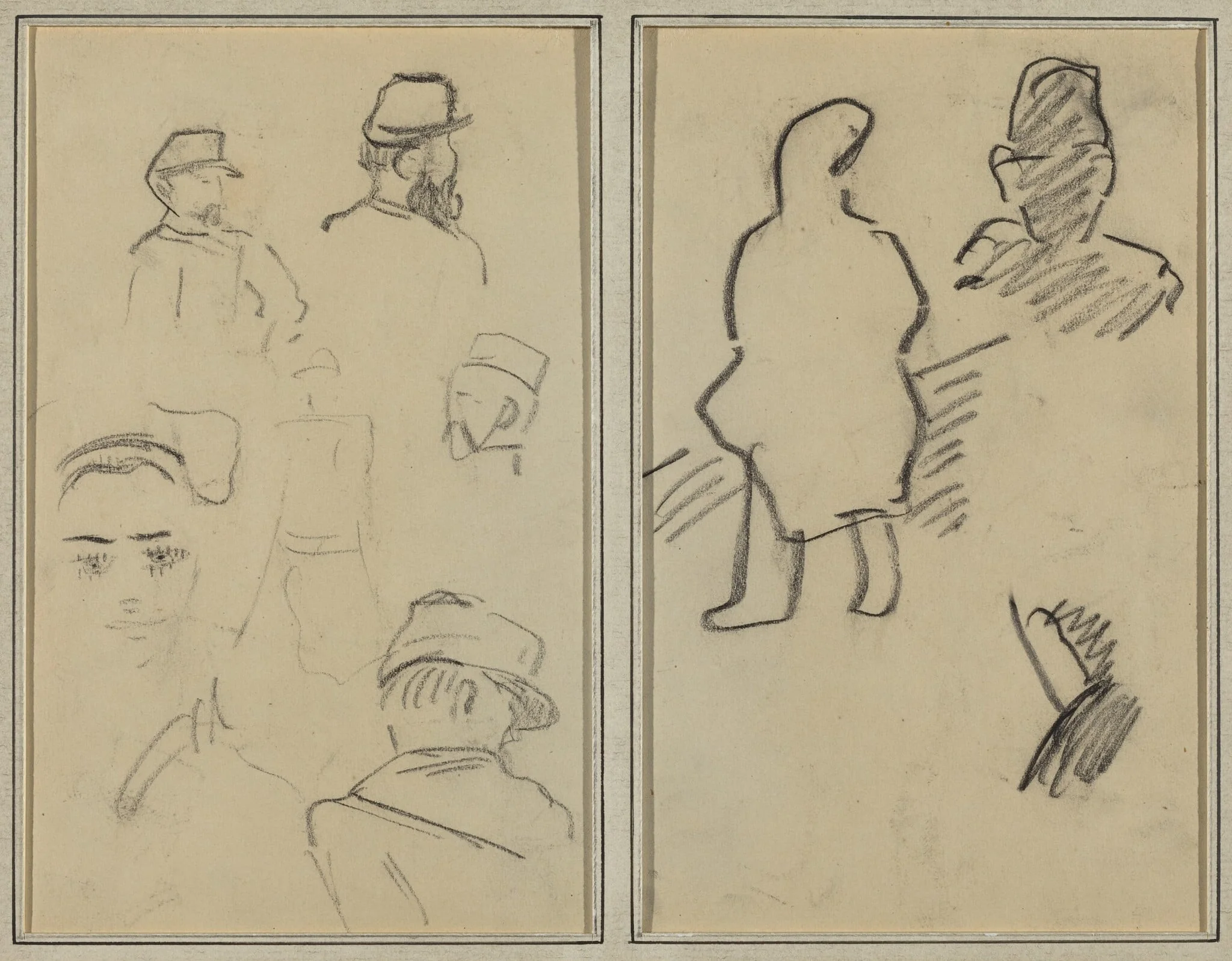 Five Studies of Soldiers and a Woman's Face; Two Figures [recto], by Paul Gauguin, crayon, 1886