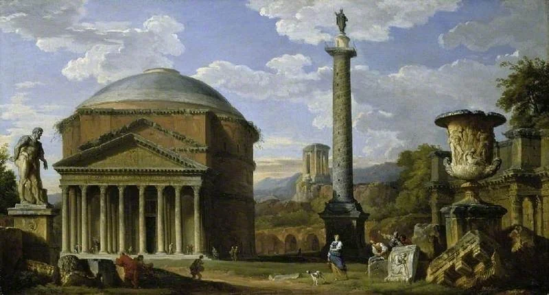 Capriccio of Roman Ruins with the Pantheon, by Giovanni Paolo Panini, oil, 1737