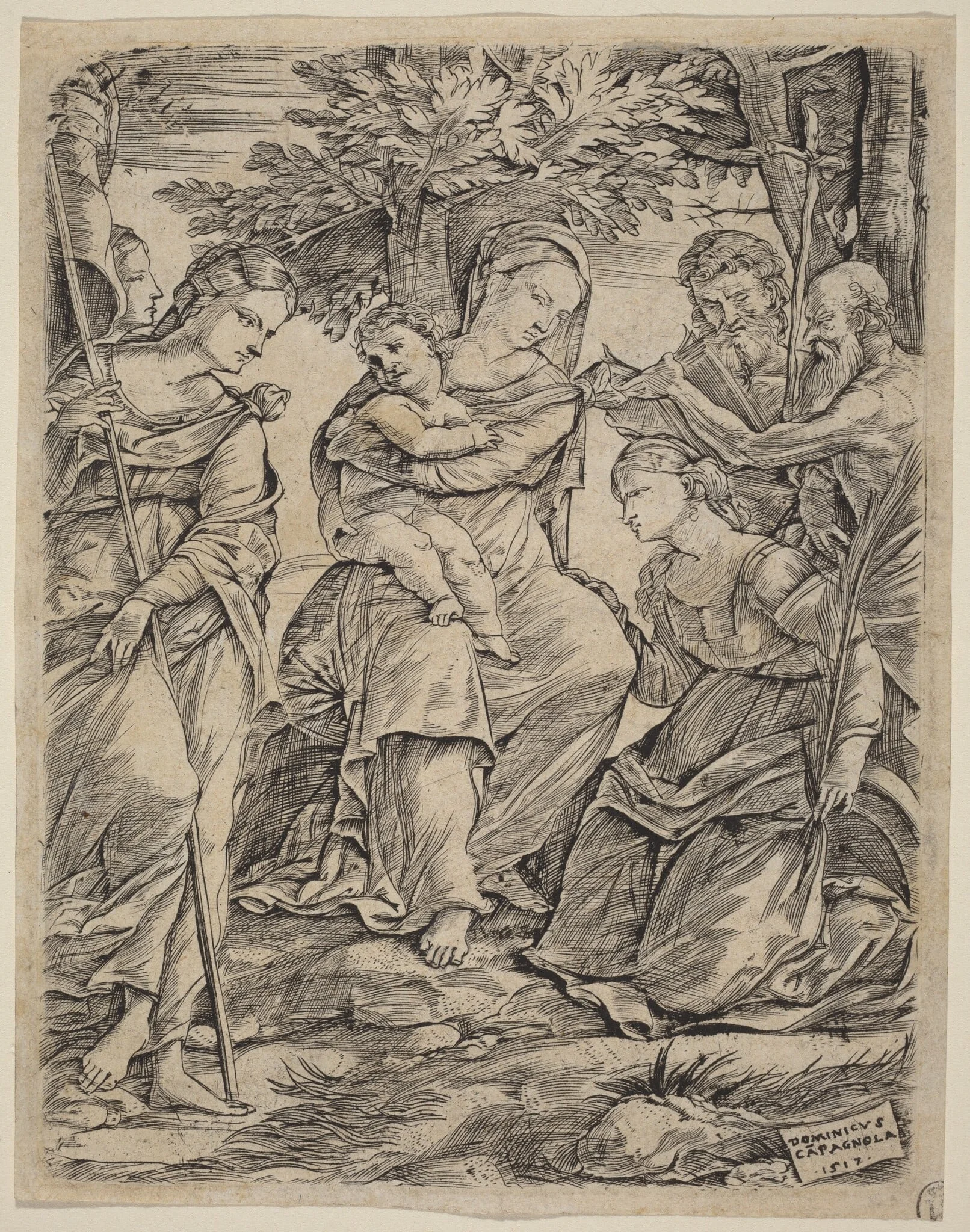 The Virgin and Child with Saints, by Domenico Campagnola, ink, 1517