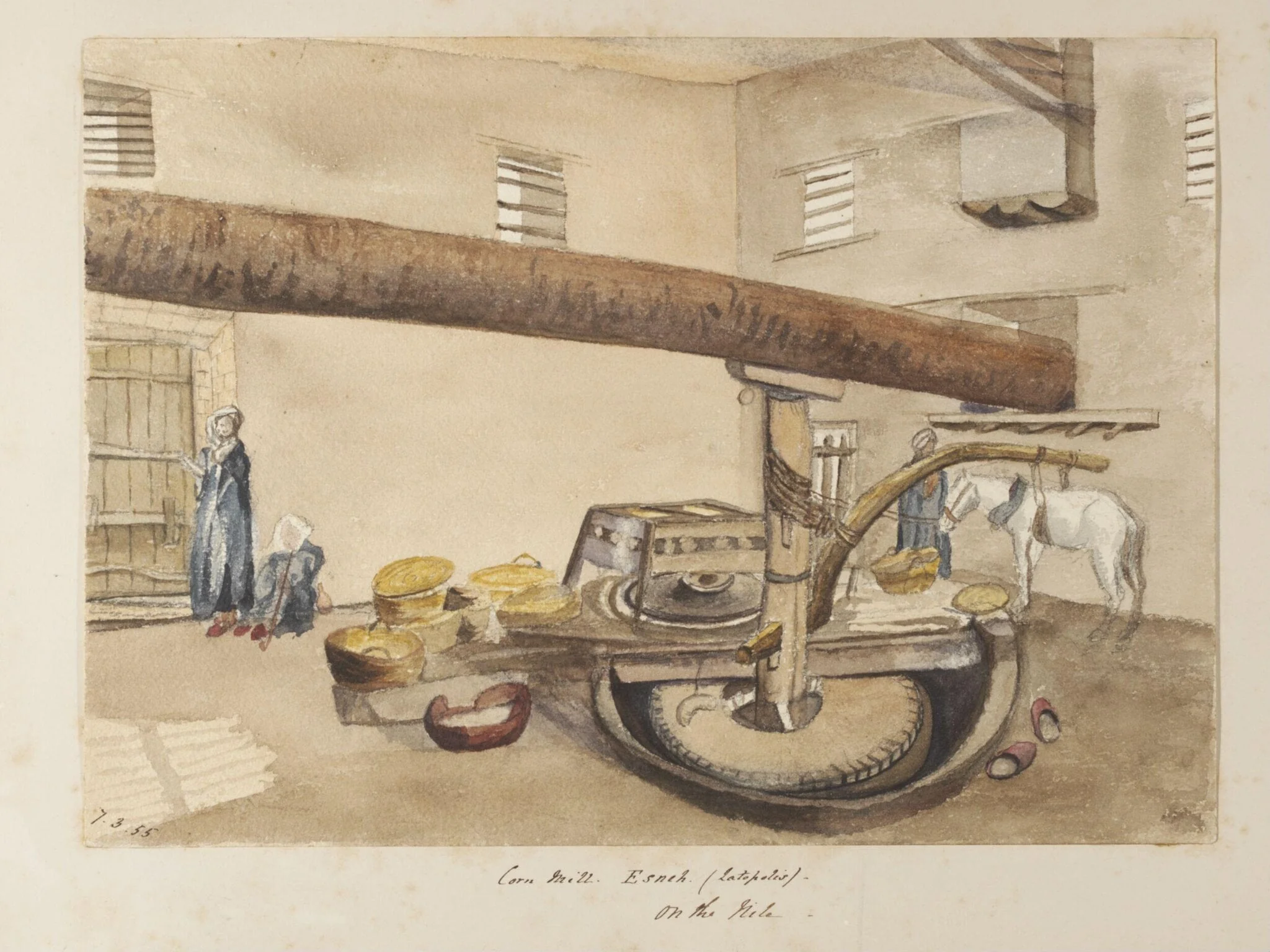 `Corn Mill.  Esneh. (Latopolis) - On the Nile - ', by George de Sausmarez, watercolor, 1855