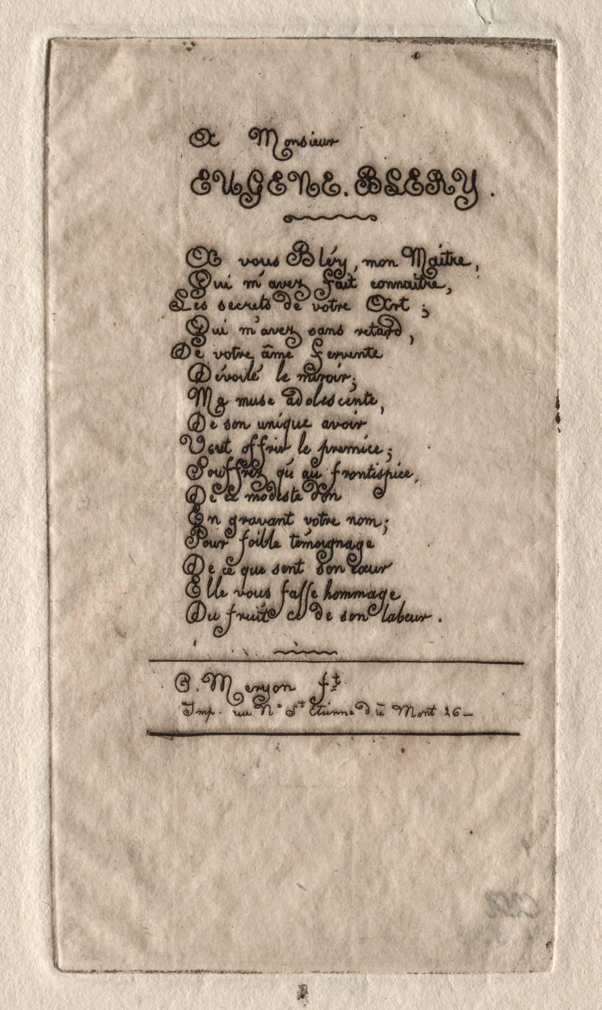 Verses to Eugène Bléry, by Charles Meryon, 1854