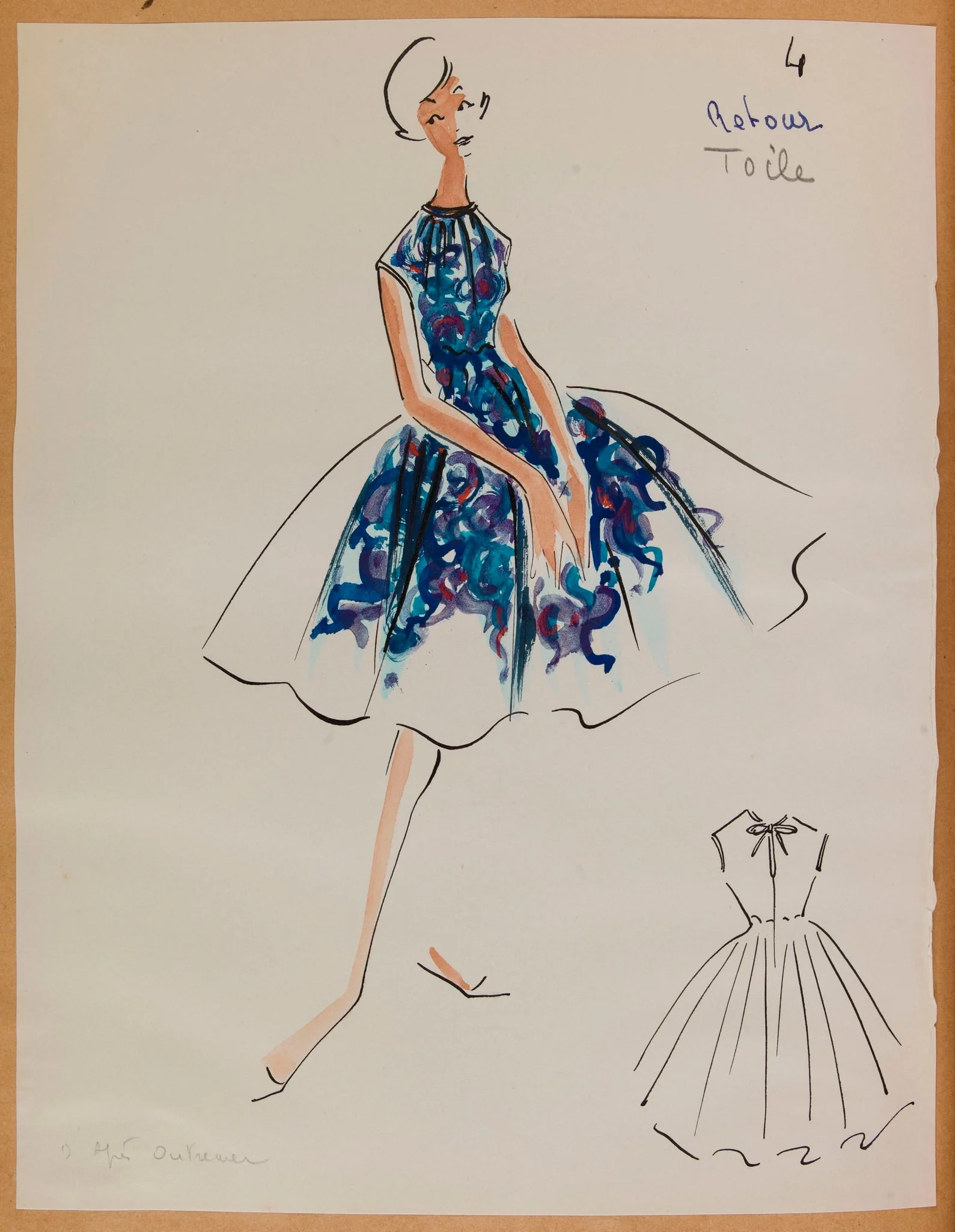 Robe sans manches à motif bleu et violet, by Carven, 1957
