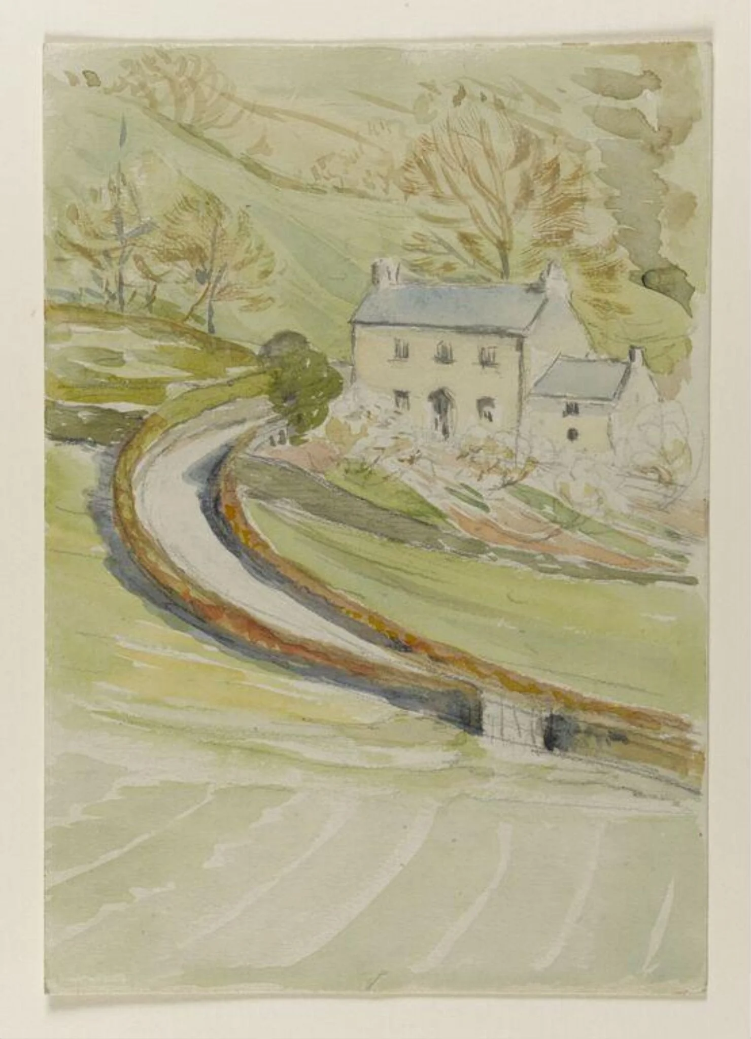 House in a steep-sided valley with a winding road, by Beatrix Potter, watercolor, 1950