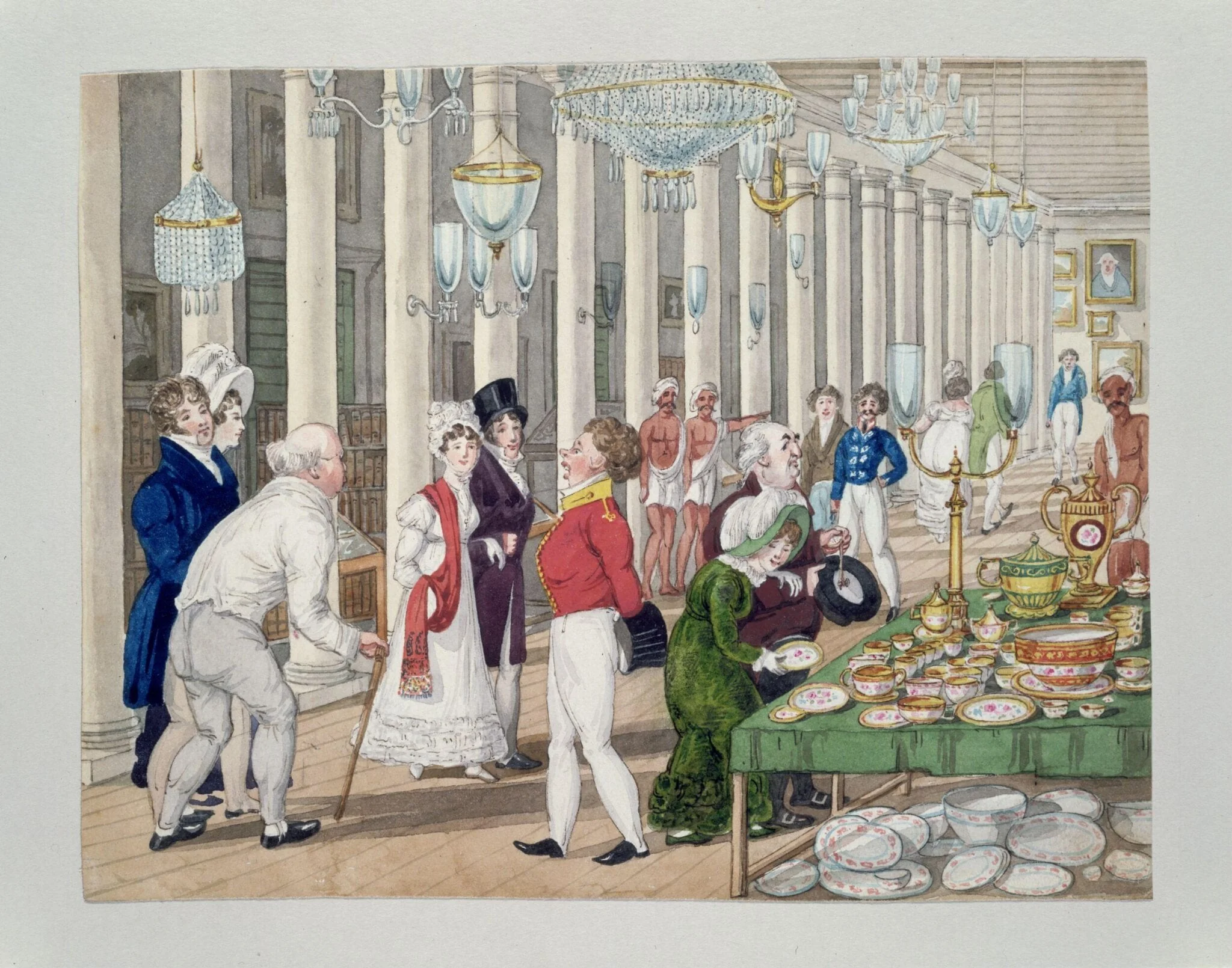 Tom Raw visits Taylor & Co.'s emporium in Calcutta, by Charles D'Oyly, paint, 1828