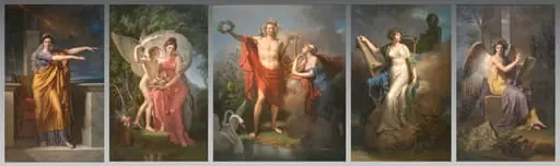 Polyhymnia, Muse of Eloquence; Erato, Muse of Lyrical Poetry; Apollo, God of Light, Eloquence, Poetry and the Fine Arts with Urania, Muse of Astronomy; Calliope, Muse of Epic Poetry; Clio, Muse of History