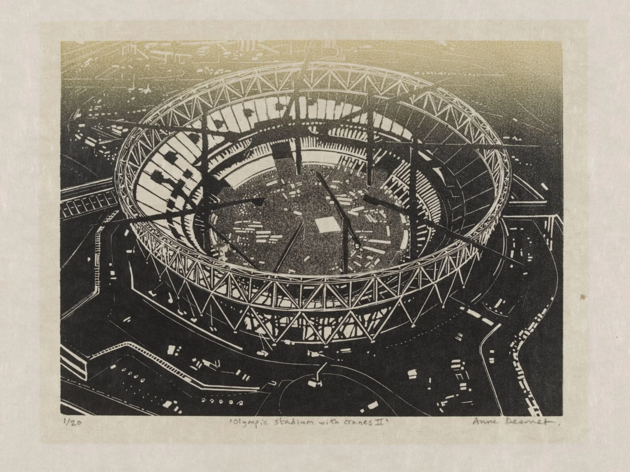 Olympic Stadium with Cranes II, by Anne Desmet, 2009