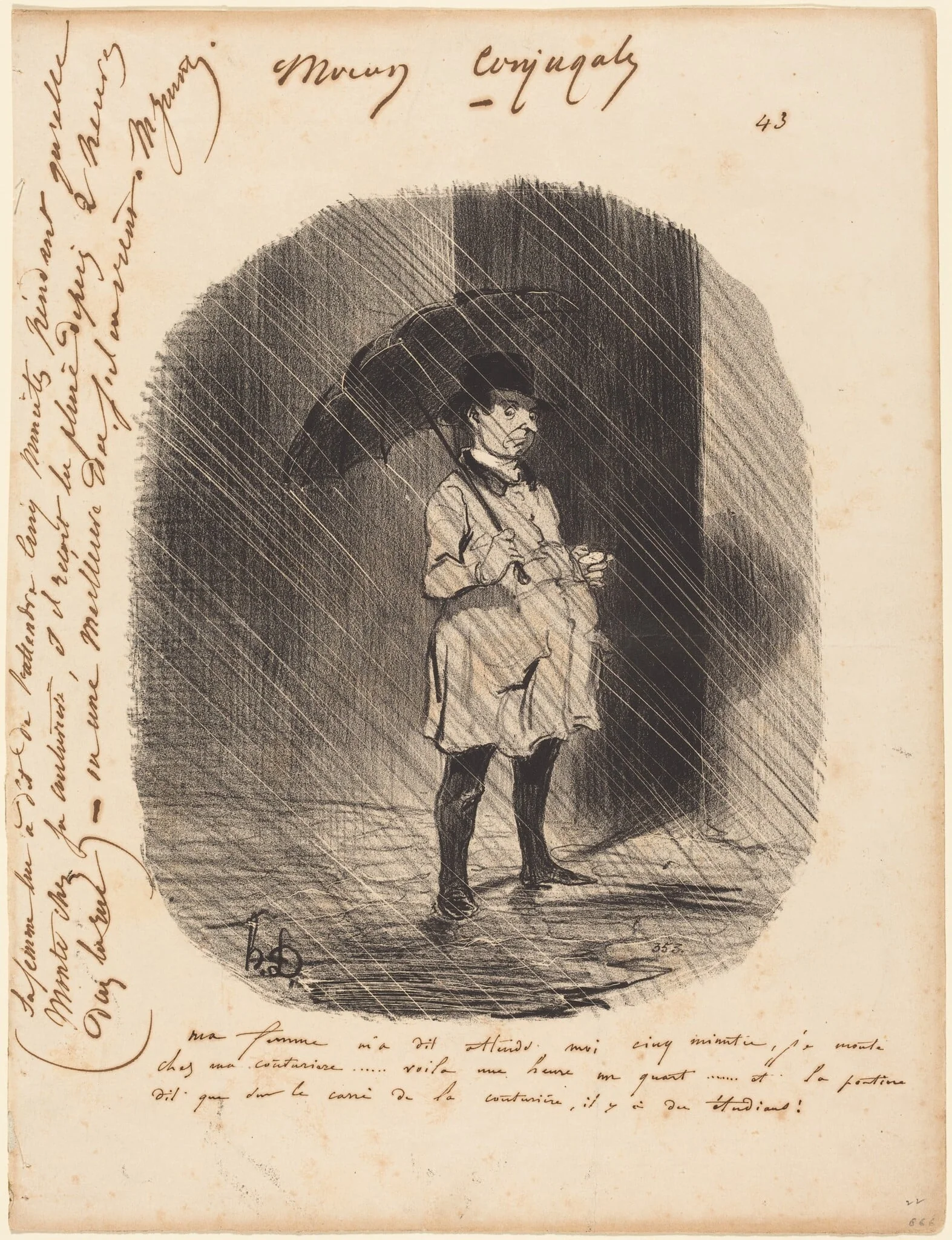 Ma femme m'a dit: attends moi cinq minutes..., by Honoré Daumier, ink, 1842