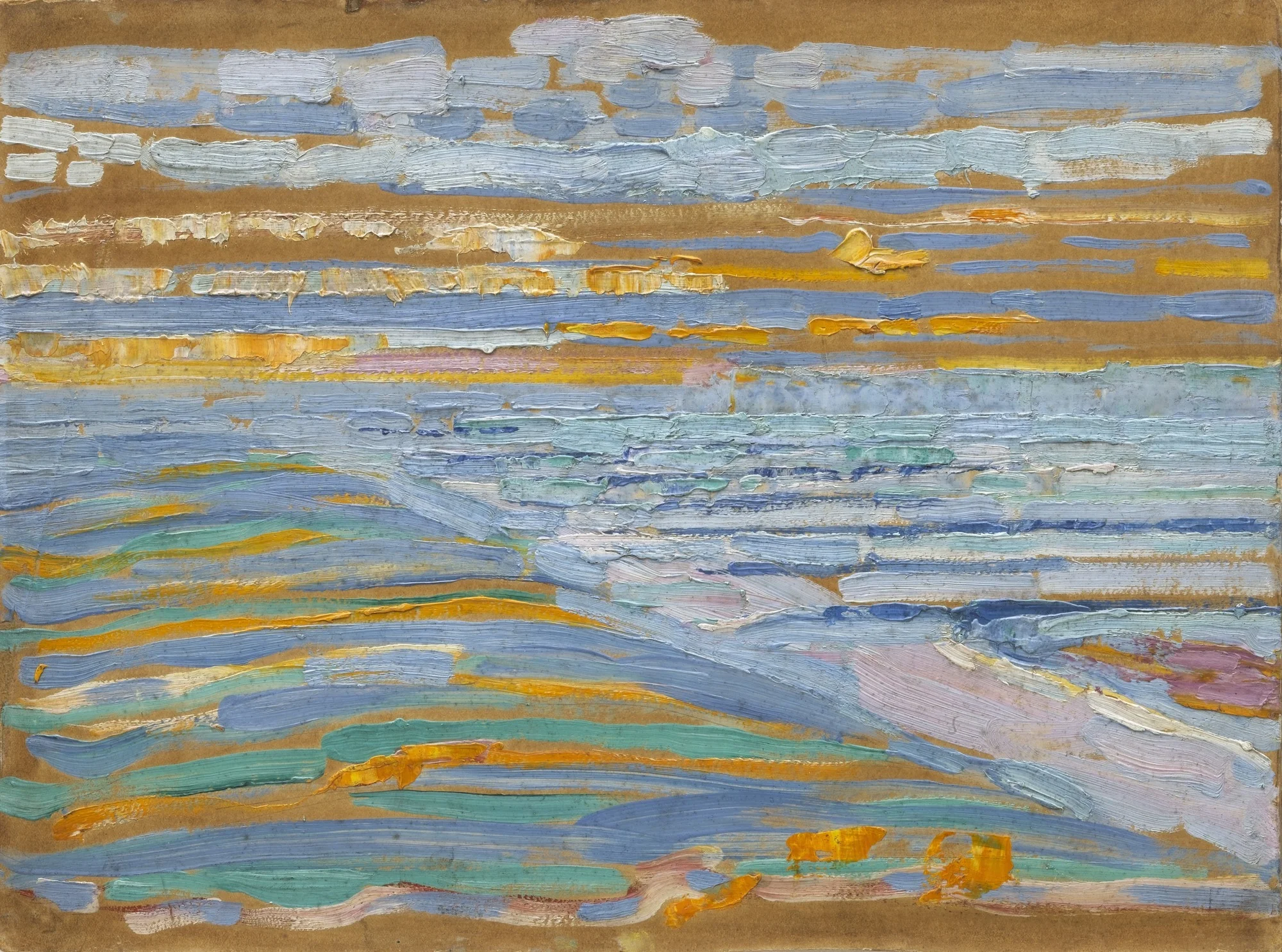 View from the Dunes with Beach and Piers, Domburg, by Piet Mondrian, oil, 1909