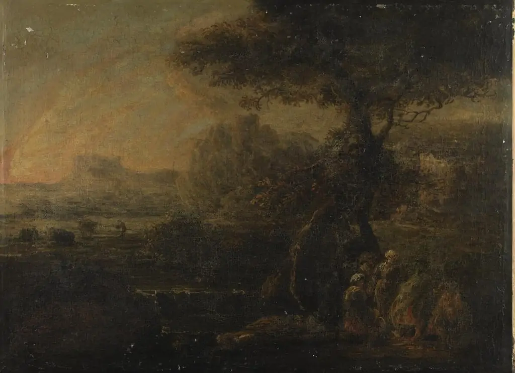 Romantic landscape with travellers around a camp fire