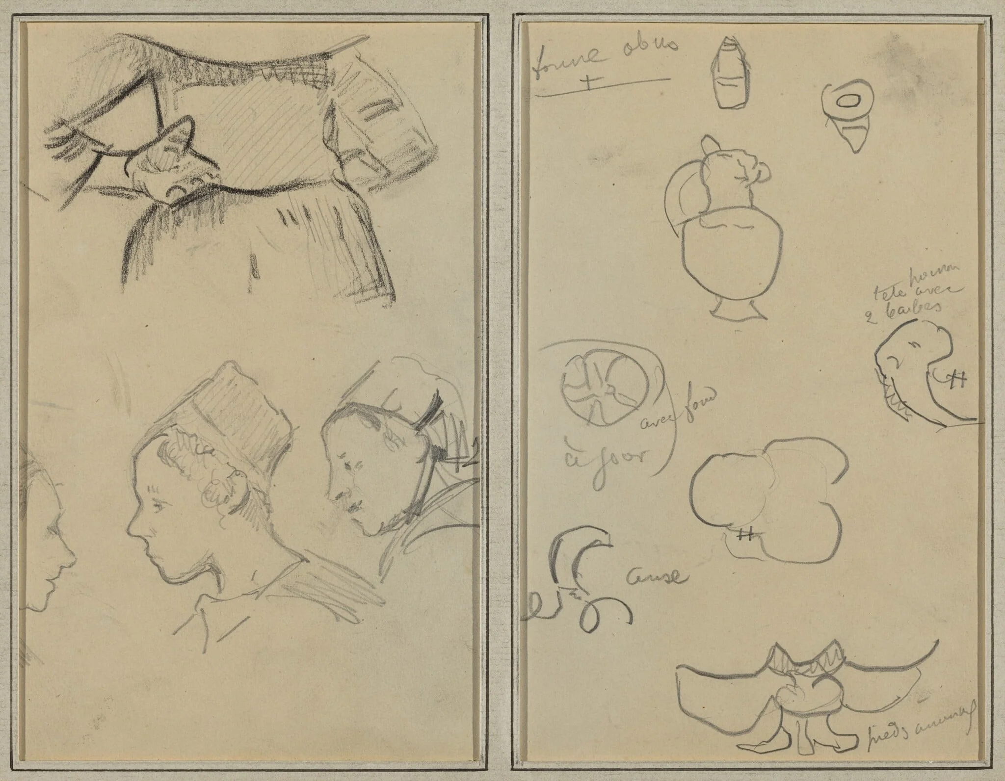 Four Studies of Breton Women; Shapes and Vases [verso], by Paul Gauguin, graphite, 1886