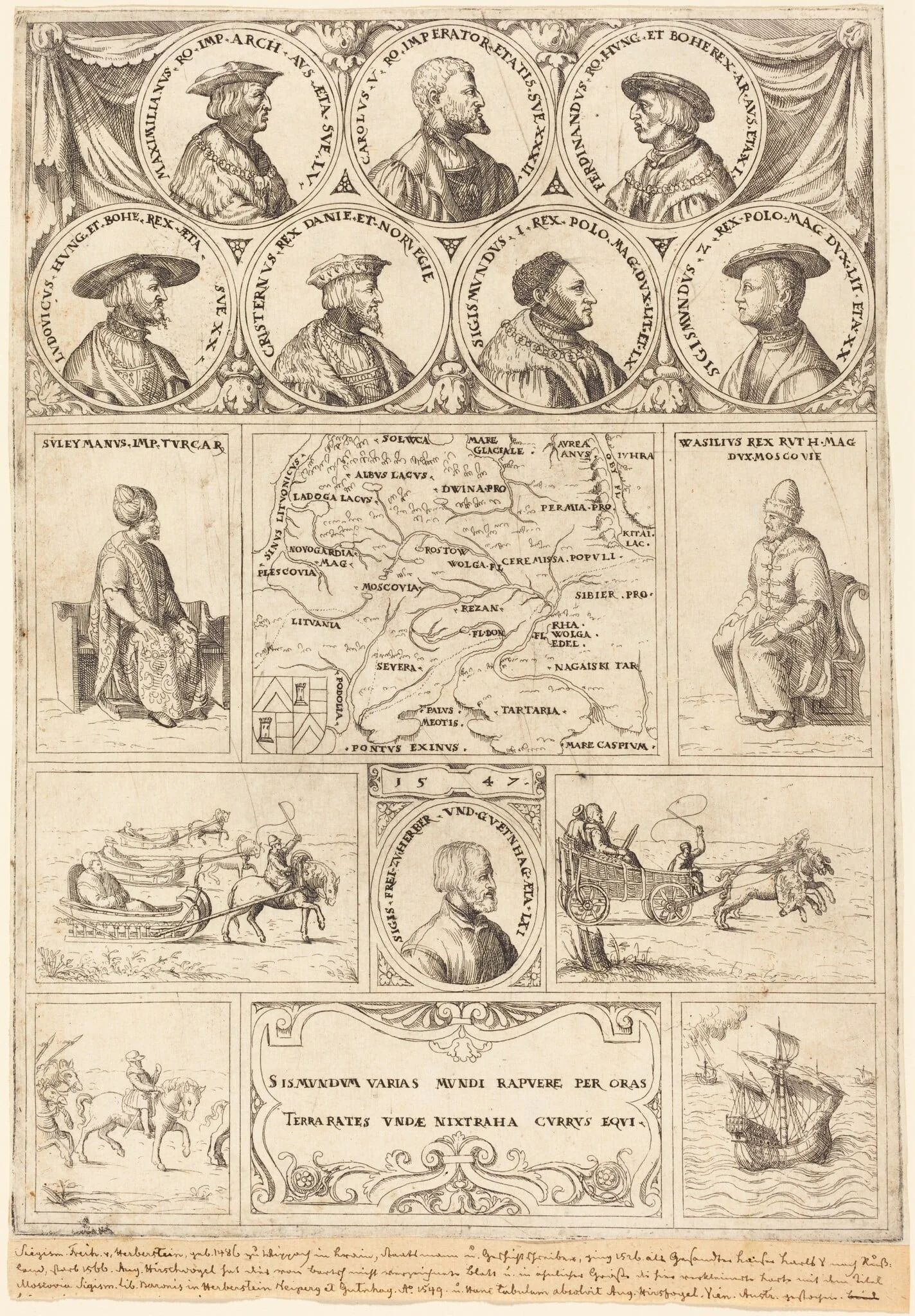Map of Eastern Europe with portraits of Sigismund von Herberstein, Emperor Charles V, Emperor Maximilian I, Ferdinand of Hungary, Ludwig II of Hungary, Sigismund I of Poland, Sigismund II of Poland, Christian II of Denmark, Suleiman the Magnificent and Vasili III, Grand Prince of Moscow, and vignettes showing four journeys made by Herberstein, by Augustin Hirschvogel, ink, 1548