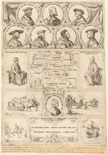 Map of Eastern Europe with portraits of Sigismund von Herberstein, Emperor Charles V, Emperor Maximilian I, Ferdinand of Hungary, Ludwig II of Hungary, Sigismund I of Poland, Sigismund II of Poland, Christian II of Denmark, Suleiman the Magnificent and Vasili III, Grand Prince of Moscow, and vignettes showing four journeys made by Herberstein