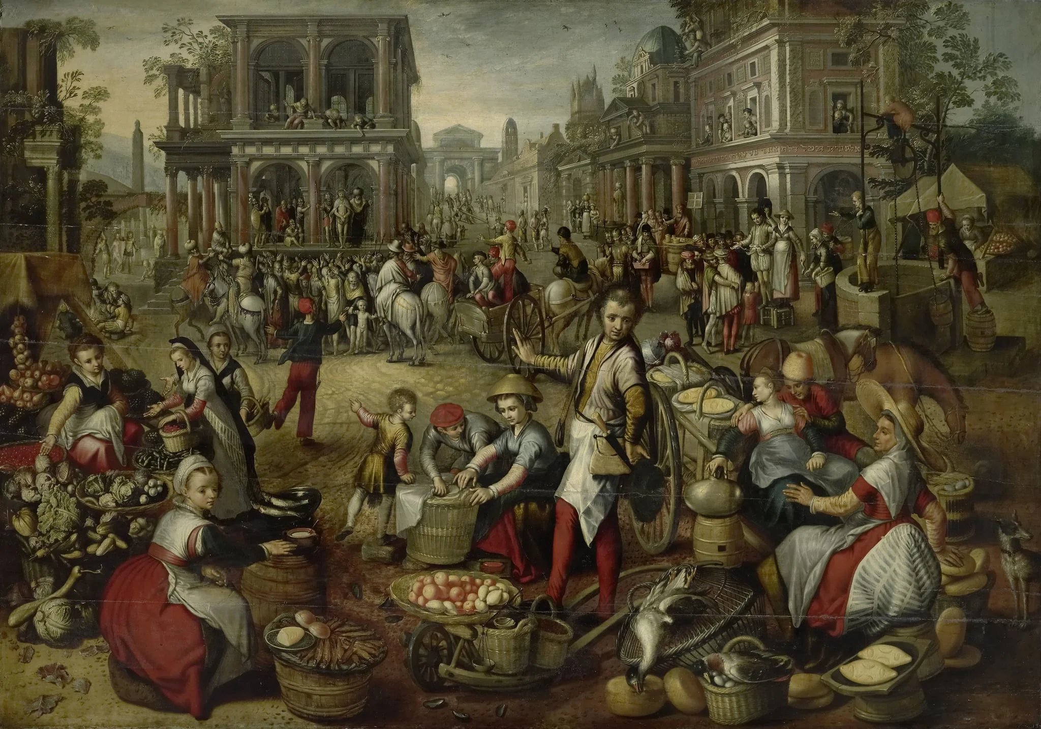 Marketplace, with the Flagellation, the Ecce Homo and the Bearing of the Cross in the background, by Unknown, unspecified, 1570