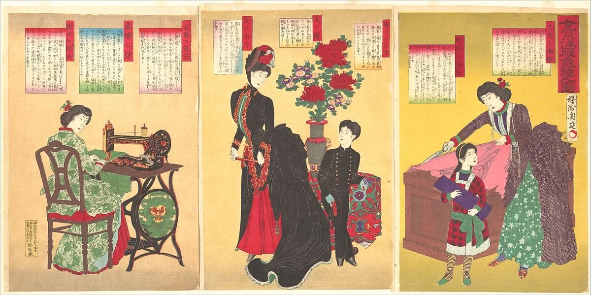 楊洲周延画　『女官洋服裁縫之図』|Court Ladies Sewing Western Clothing  (Jokan yōfuku saihō no zu), by Yōshū (Hashimoto) Chikanobu, ink, 23