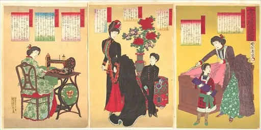 楊洲周延画　『女官洋服裁縫之図』|Court Ladies Sewing Western Clothing  (Jokan yōfuku saihō no zu)