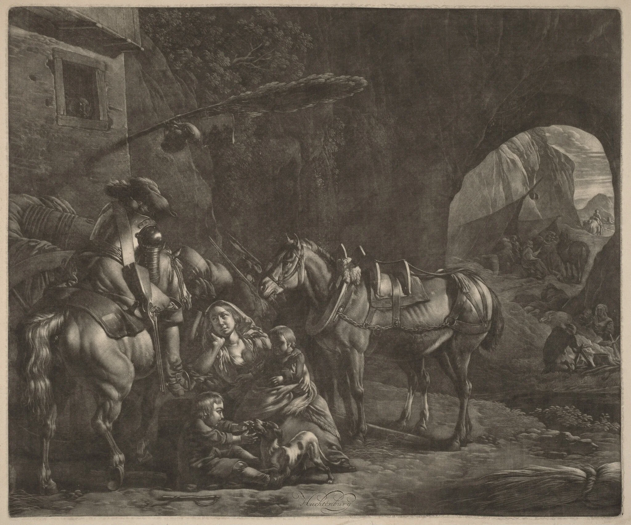 Mother with Two Children  and a Horse in Front of an Inn, by Jan van Huchtenburgh, ink, 1690