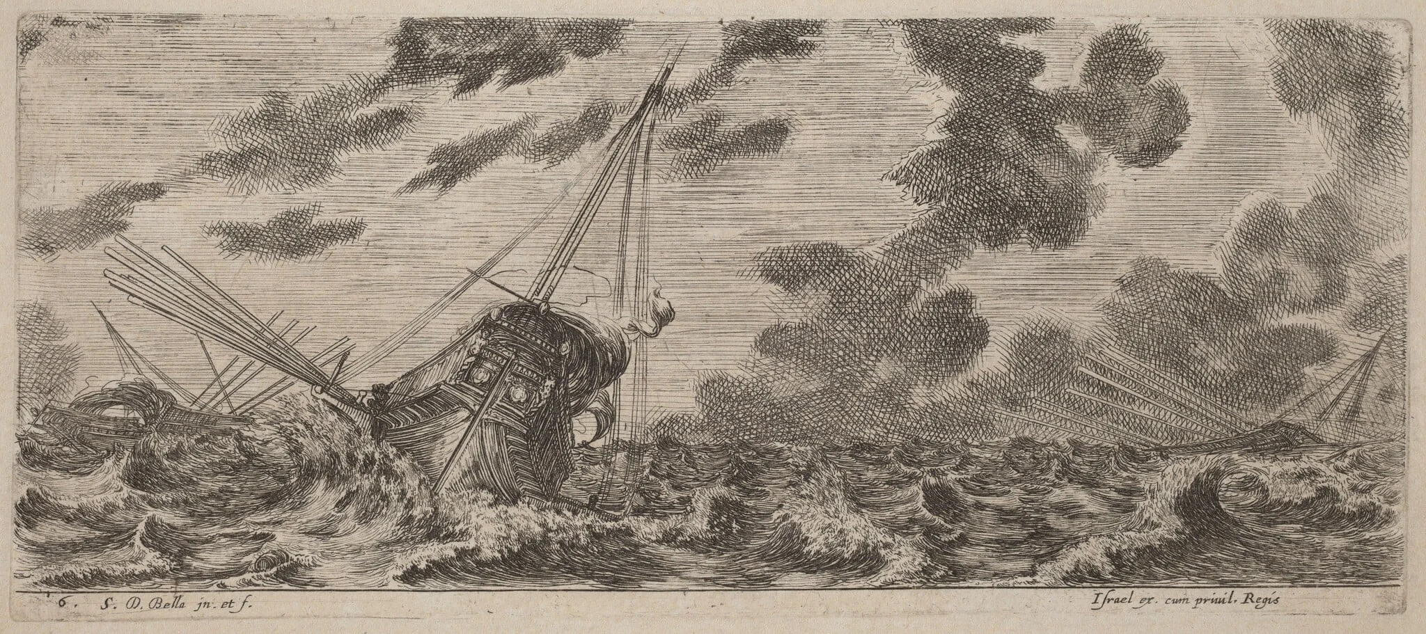 Ship in Tempest, by Stefano Della Bella, ink, 1644