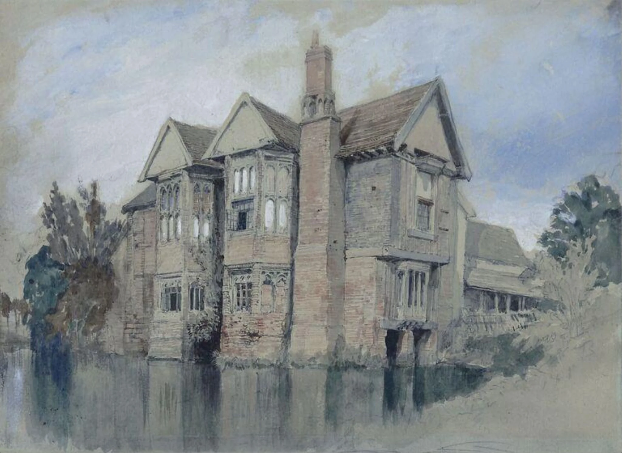 Old Parham Hall, Suffolk, the "Moat House" of the poet Crabbe, by Clarkson RA Stanfield, watercolor, 1850